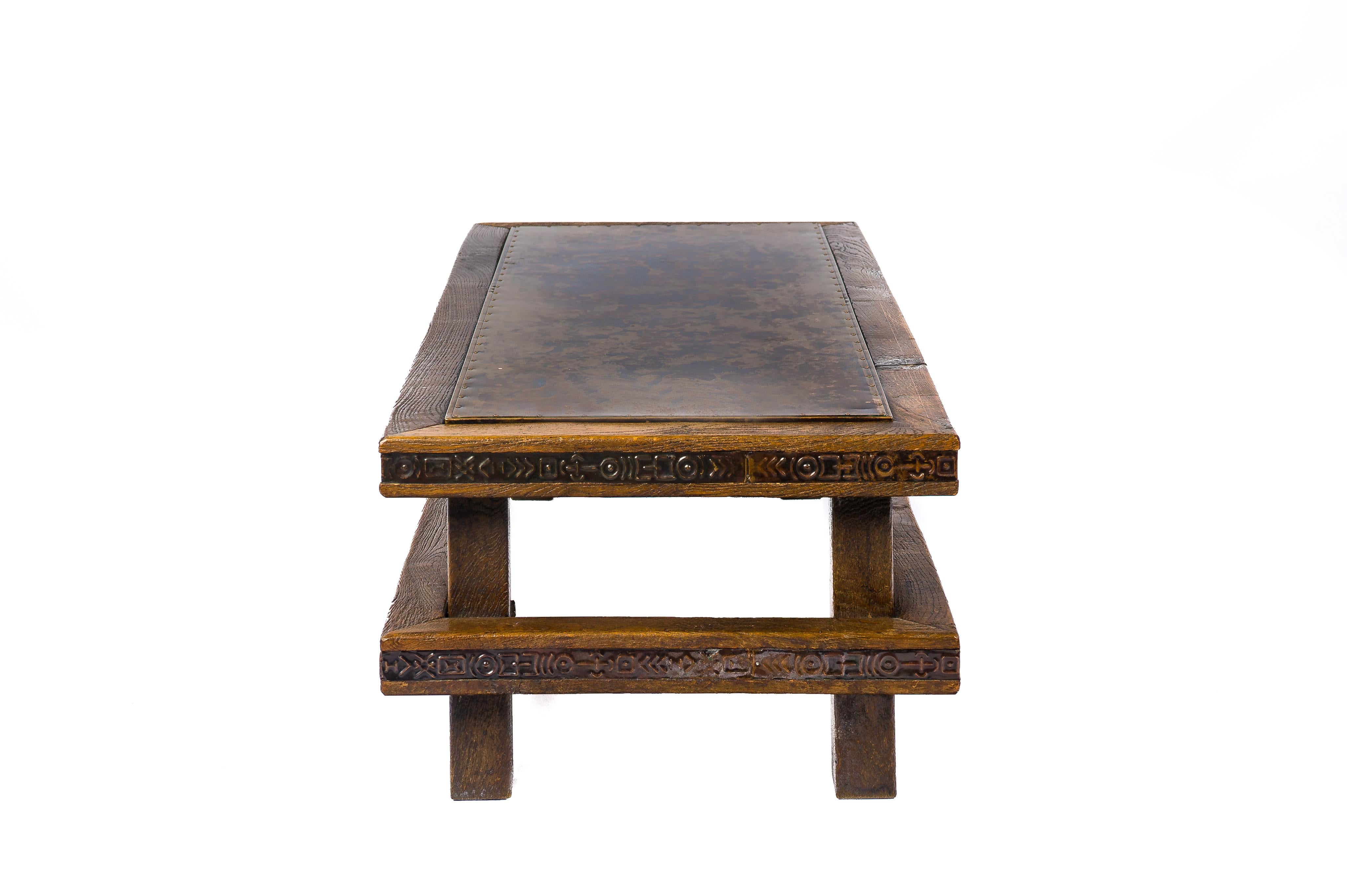 Midcentury Solid Oak Brutalist Dutch Coffee Table with Copper Top and Inlay For Sale 1