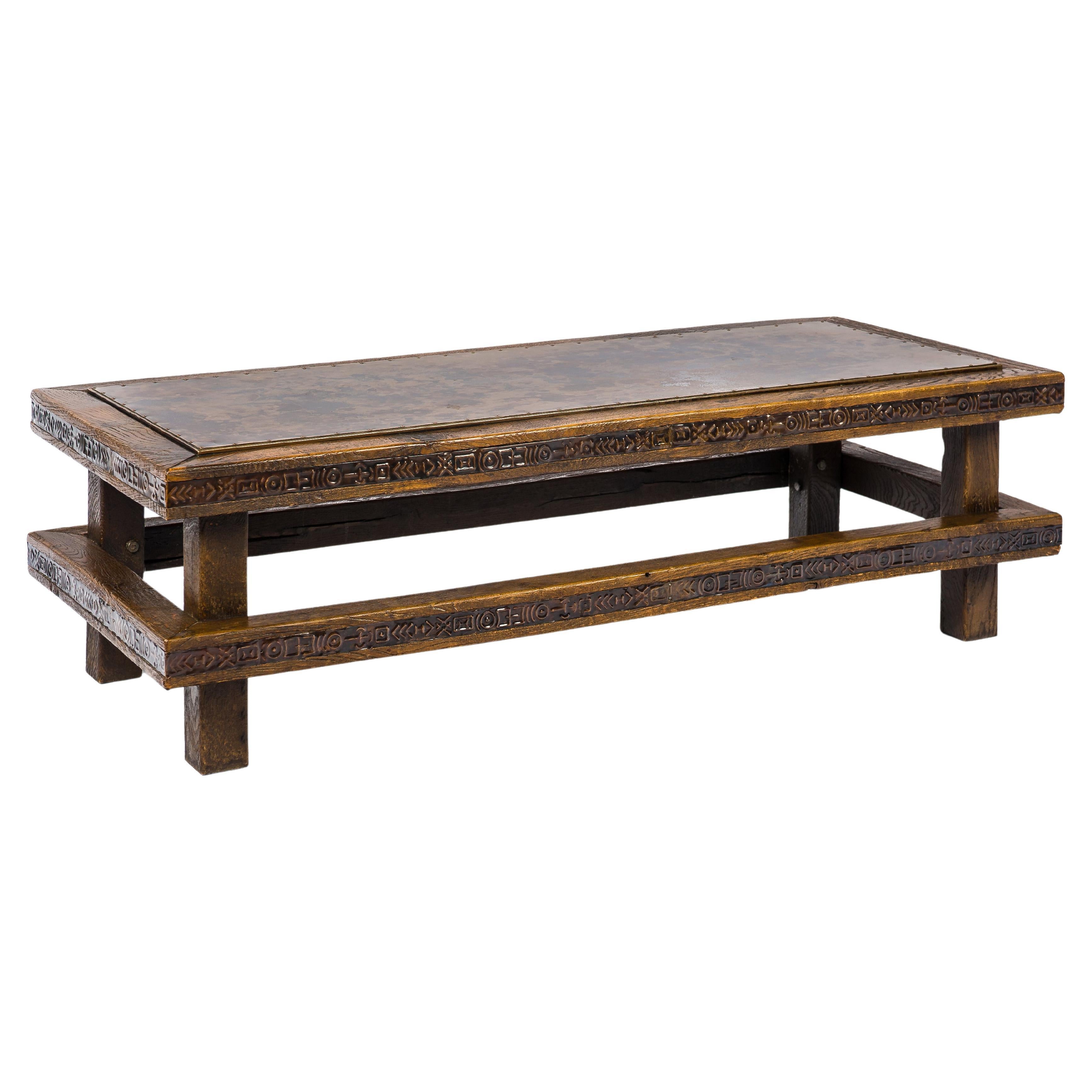 Midcentury Solid Oak Brutalist Dutch Coffee Table with Copper Top and Inlay For Sale