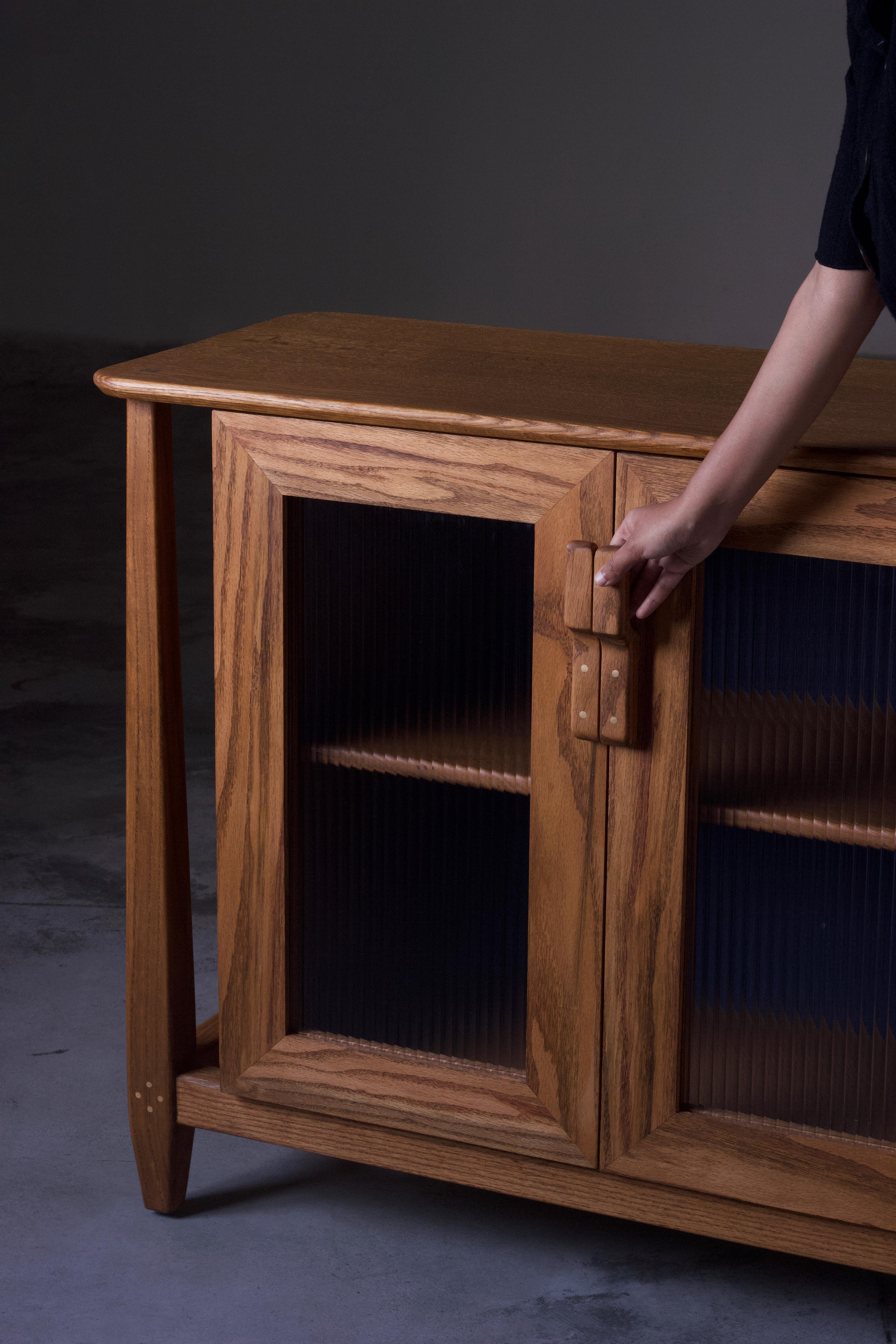 Mid-Century Modern Mid-Century Oak Wood Storage Credenza sideboard Fluted Glass shutters and brass For Sale