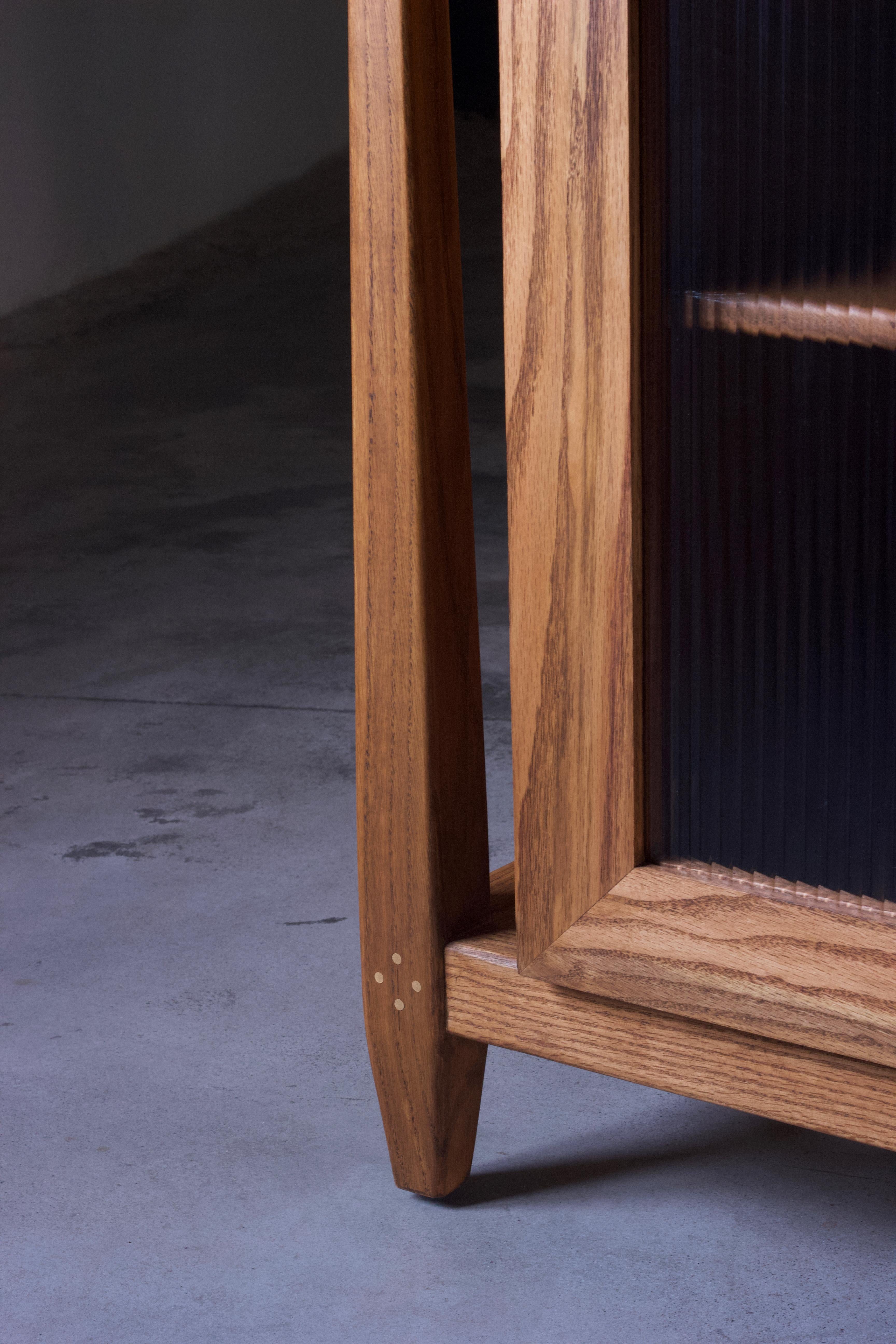 Joinery Mid-Century Oak Wood Storage Credenza sideboard Fluted Glass shutters and brass For Sale