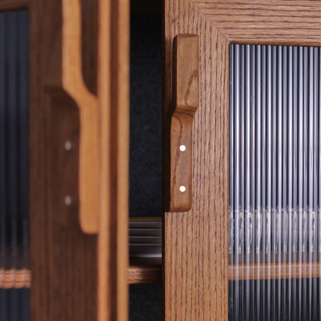 Brass Mid-Century Oak Wood Storage Credenza sideboard Fluted Glass shutters and brass For Sale