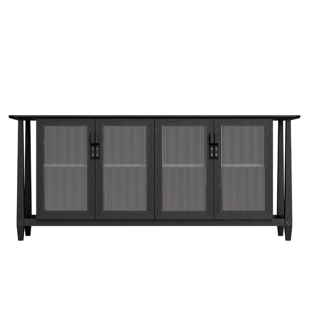 Mid-Century Oak Wood Storage Credenza sideboard Fluted Glass shutters and brass For Sale 1