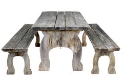 Mid Century solid pine horseshoe garden table and benches