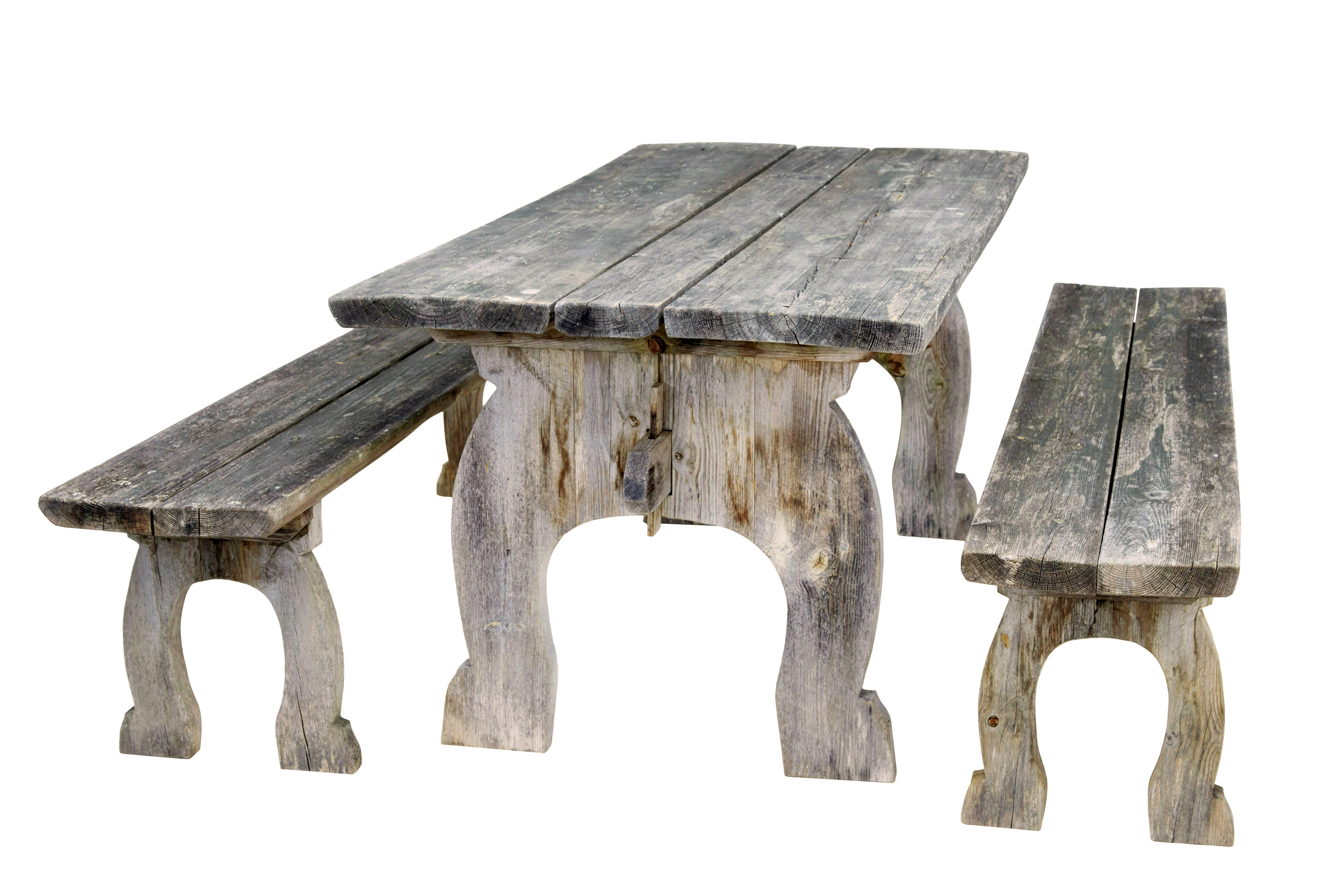 Rustic Mid Century solid pine horseshoe garden table and benches For Sale