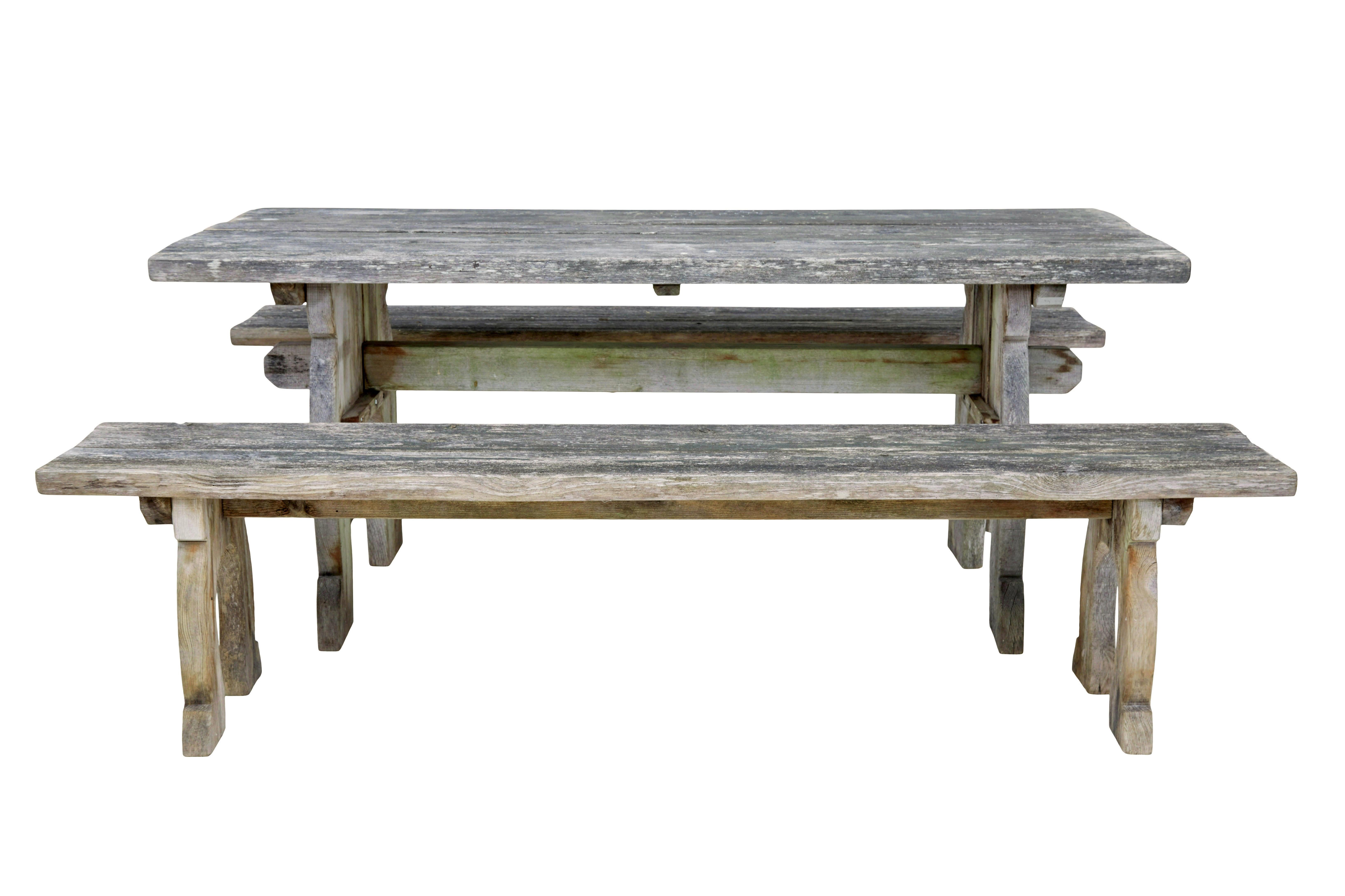 Swedish Mid Century solid pine horseshoe garden table and benches For Sale