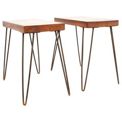 Mid Century Solid Red Oak and Wrought Iron Hairpin Side End Tables, a Pair