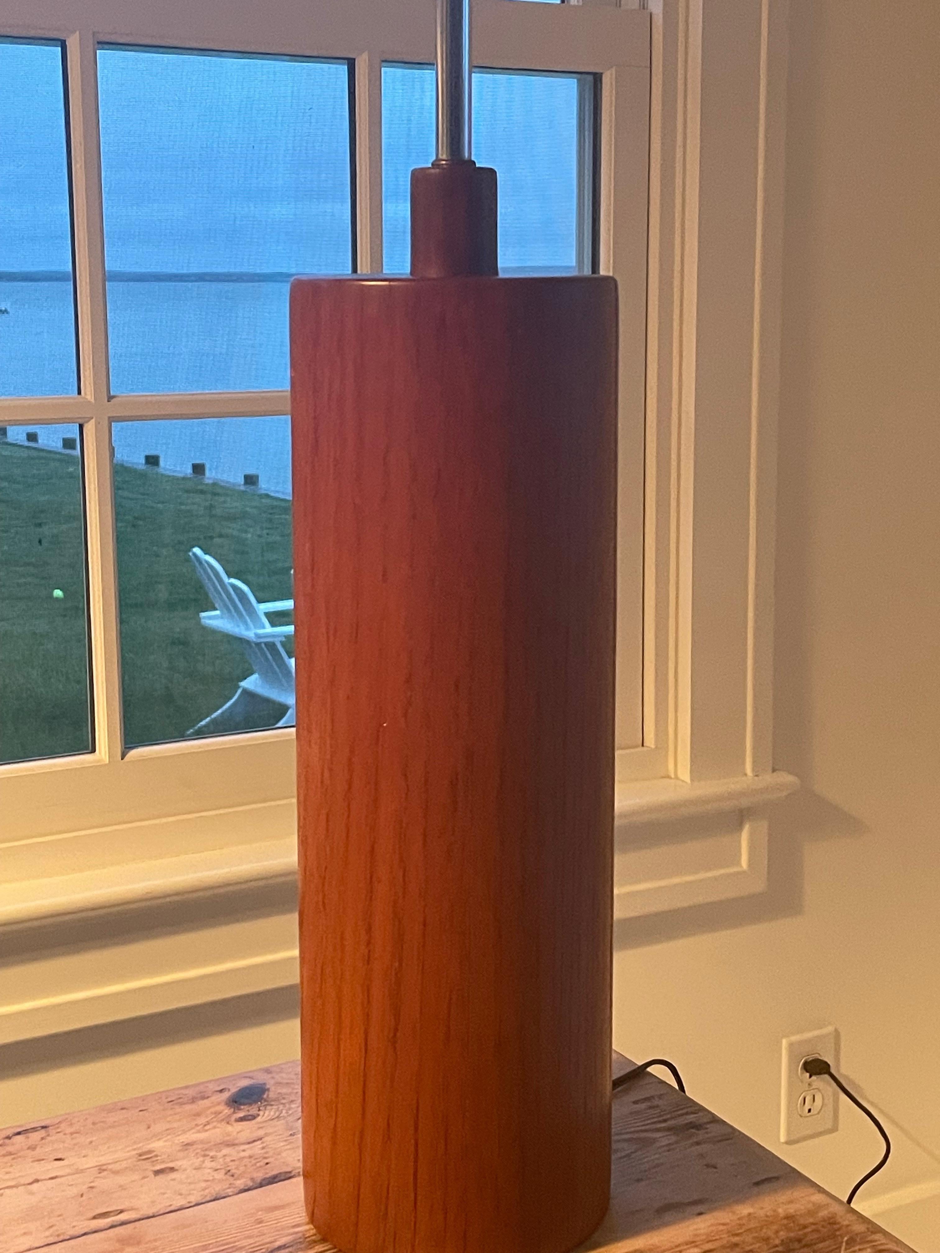 Mid Century Solid Teak Cylinder Table Lamp For Sale 4
