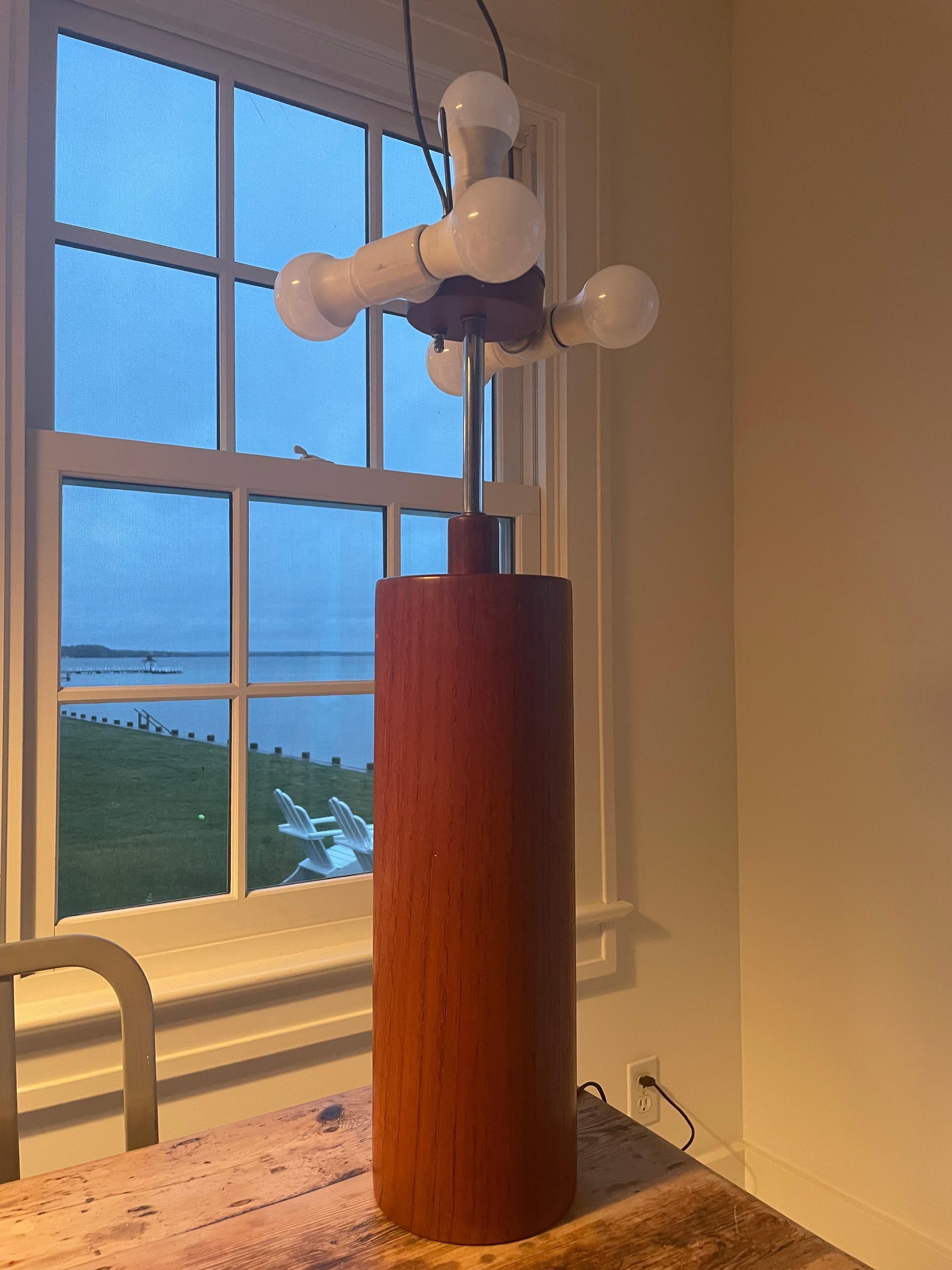 Mid Century Solid Teak Cylinder Table Lamp For Sale 5