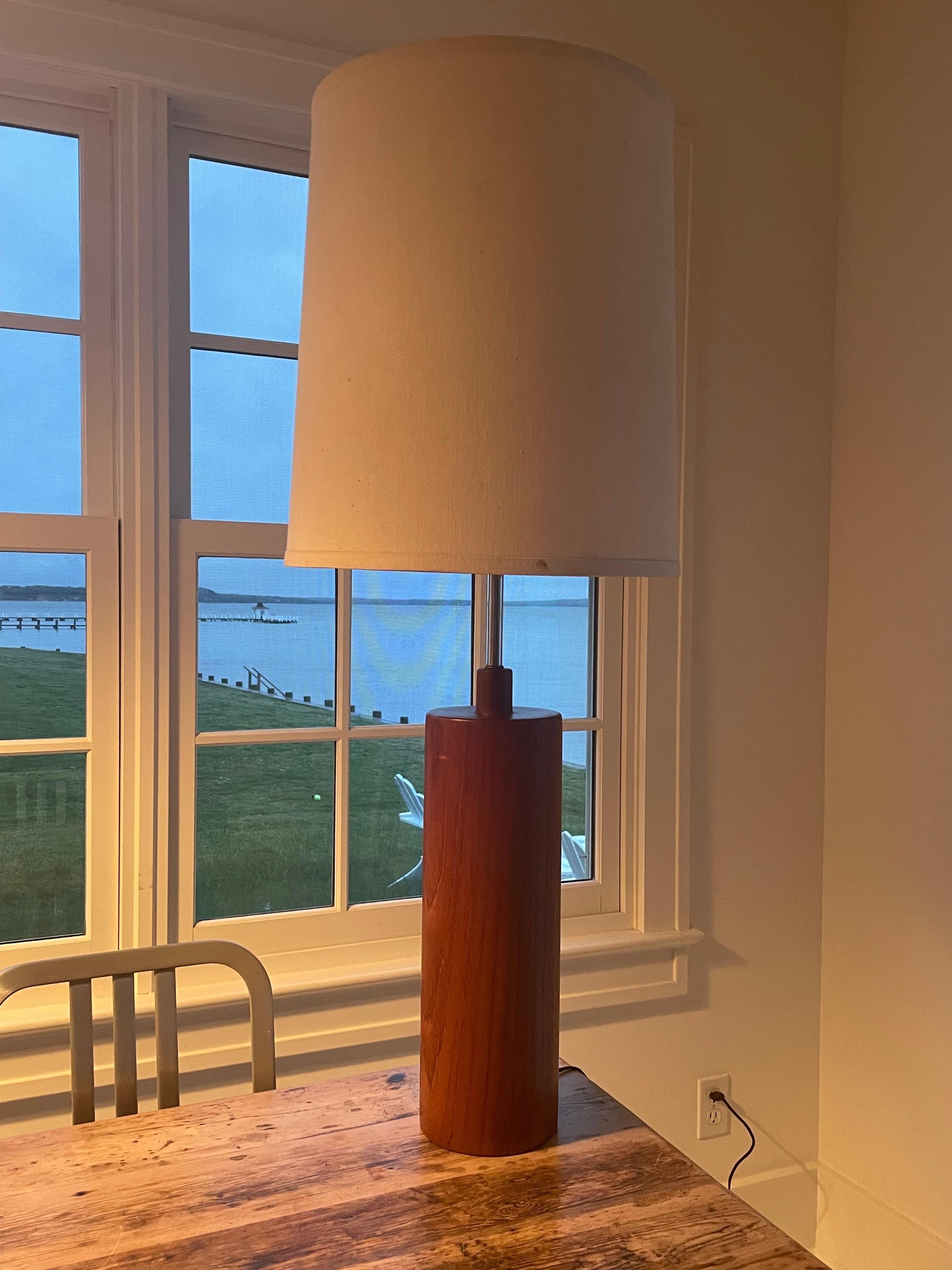 Chrome Mid Century Solid Teak Cylinder Table Lamp For Sale