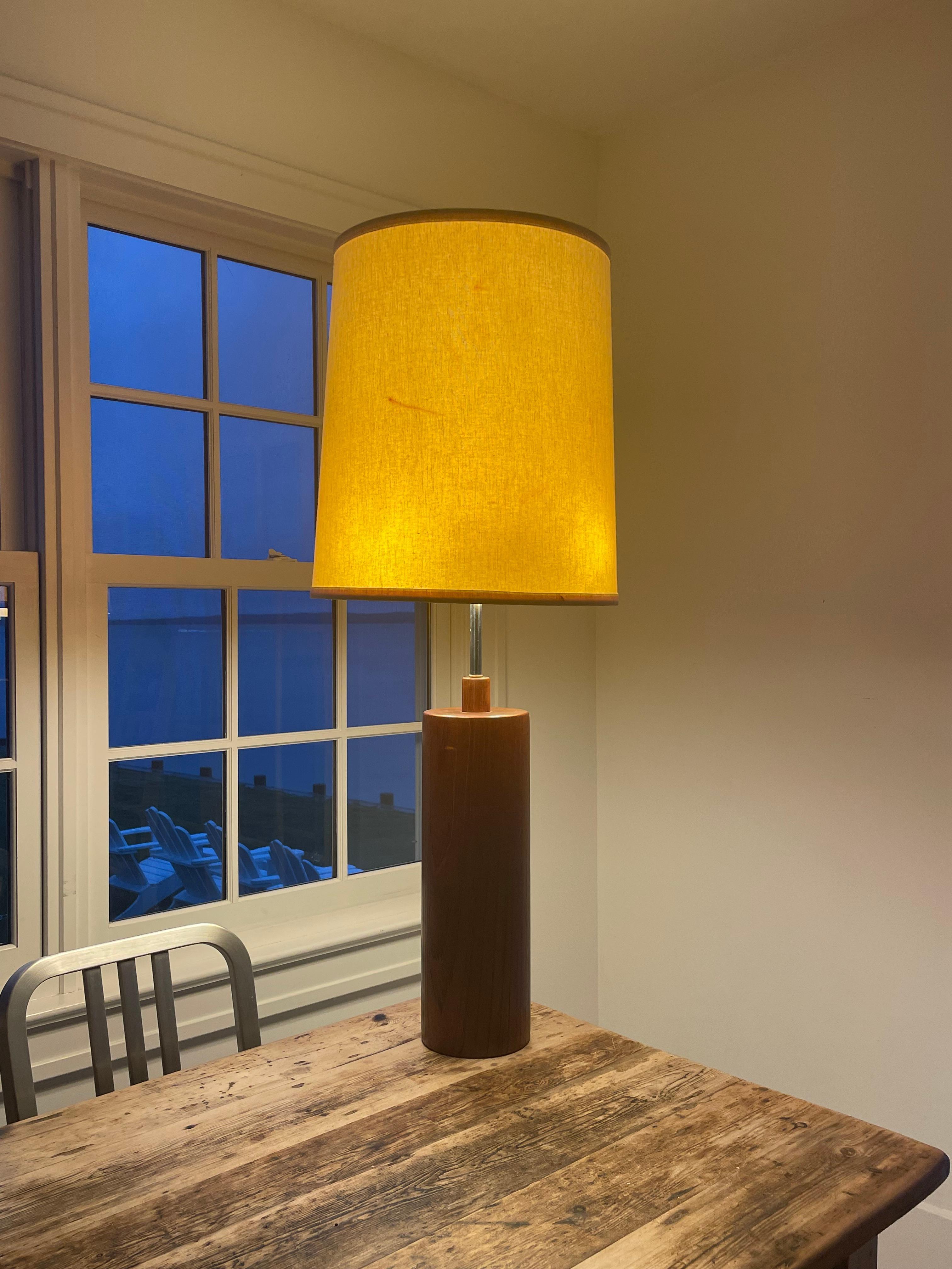 Mid Century Solid Teak Cylinder Table Lamp For Sale 1