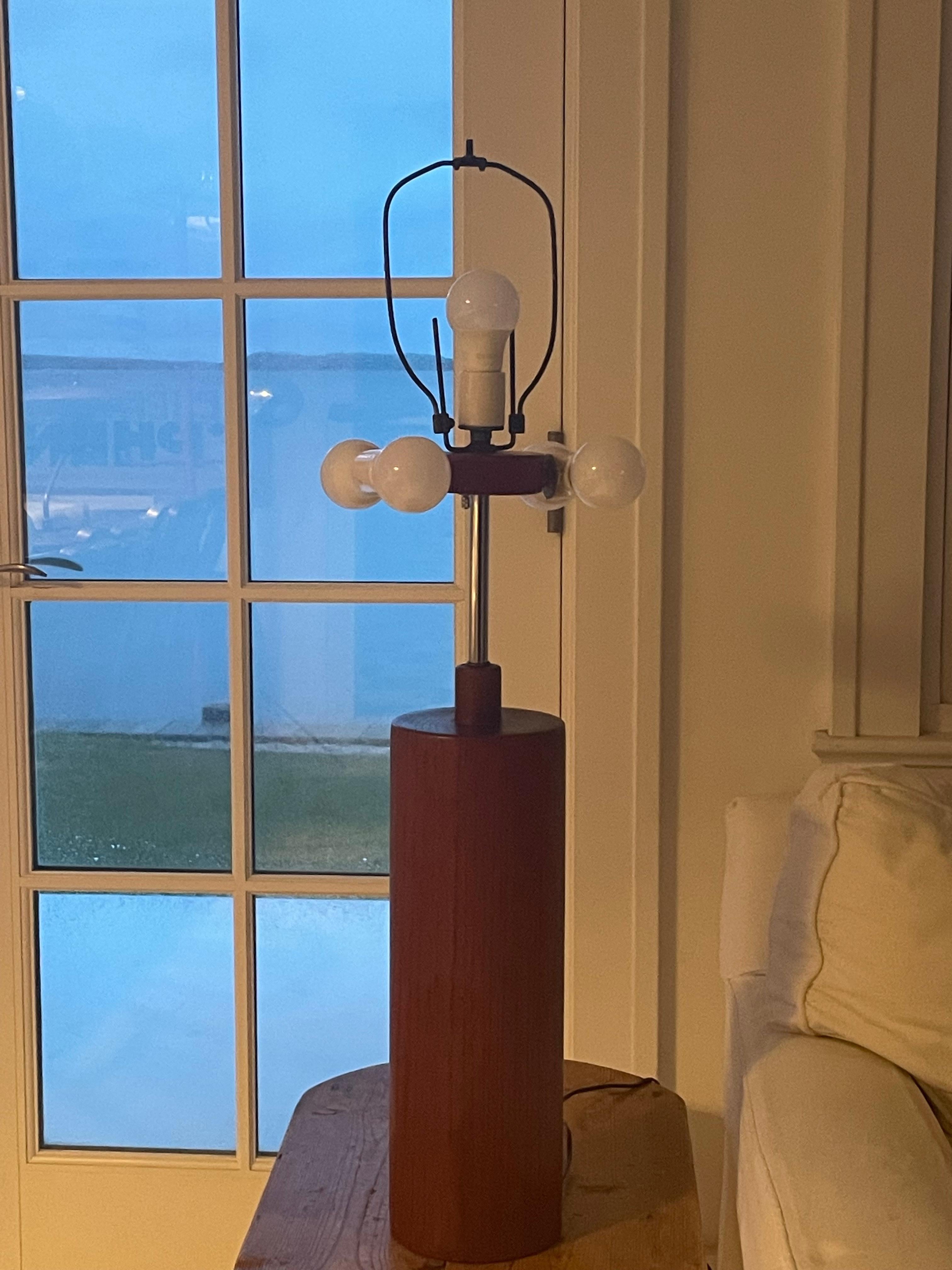 Mid Century Solid Teak Cylinder Table Lamp For Sale 2