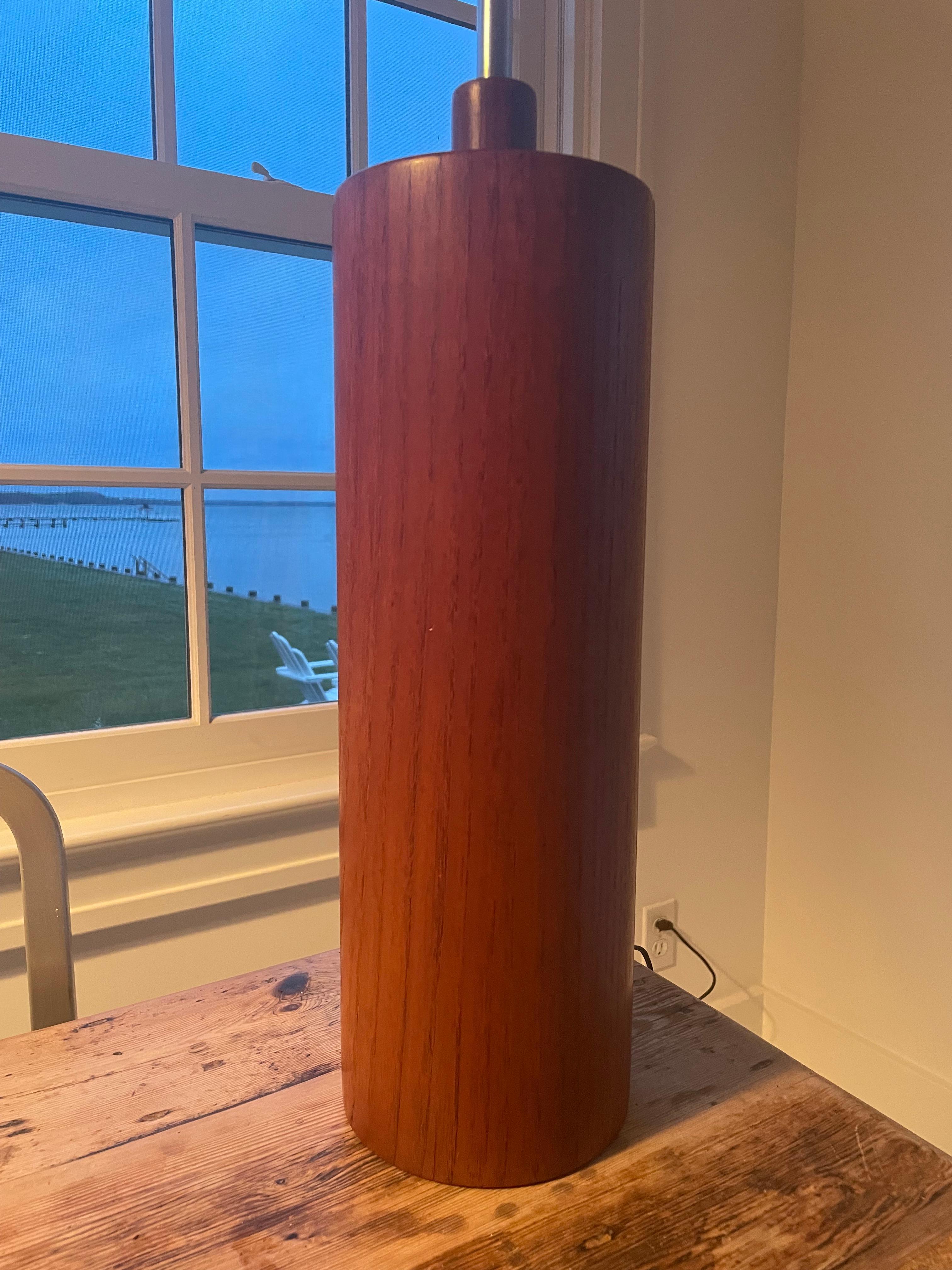Mid Century Solid Teak Cylinder Table Lamp For Sale 3