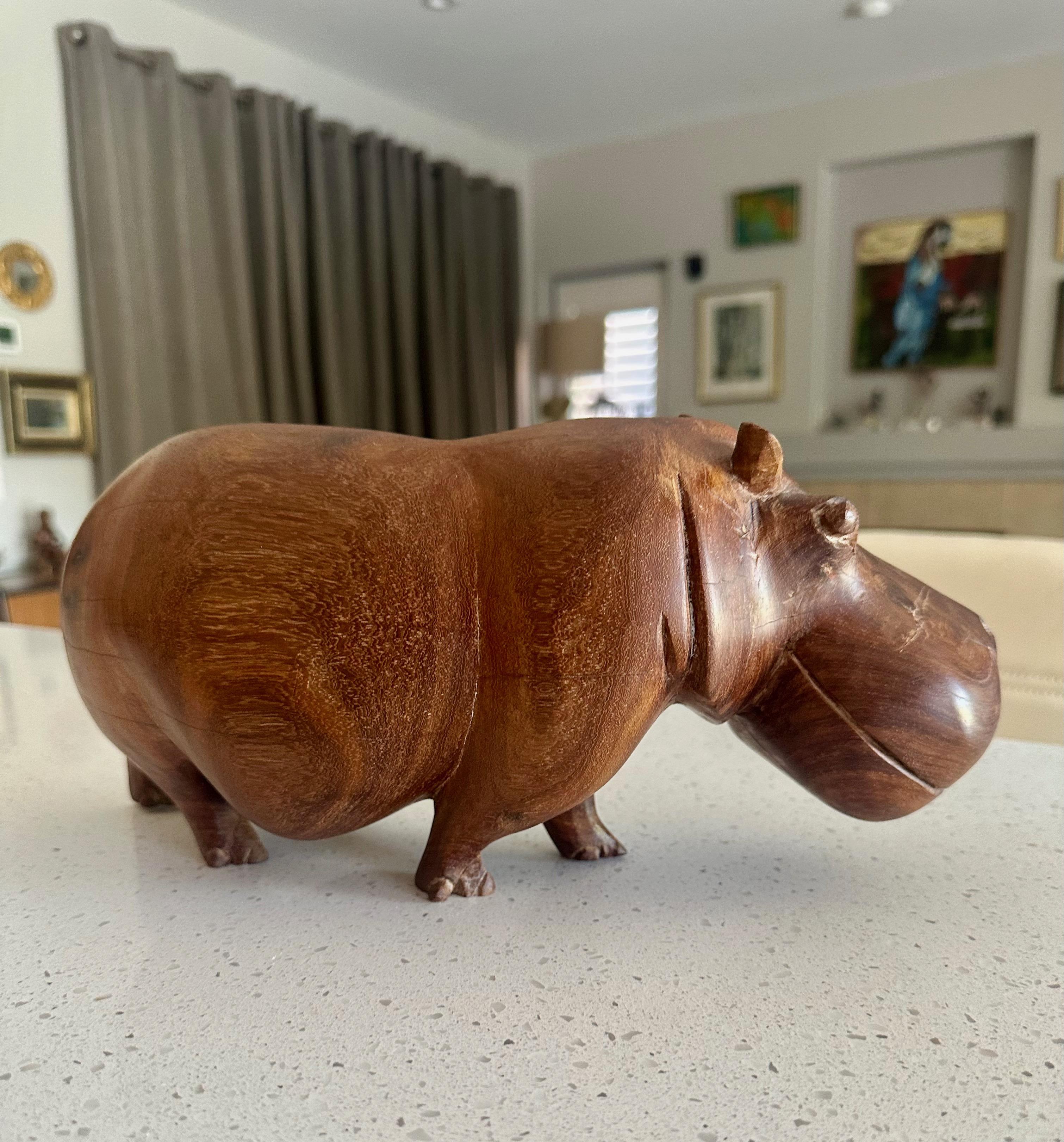 African Mid-century Solid Teak Hand Carved Hippopotamus Hippo Sculpture For Sale