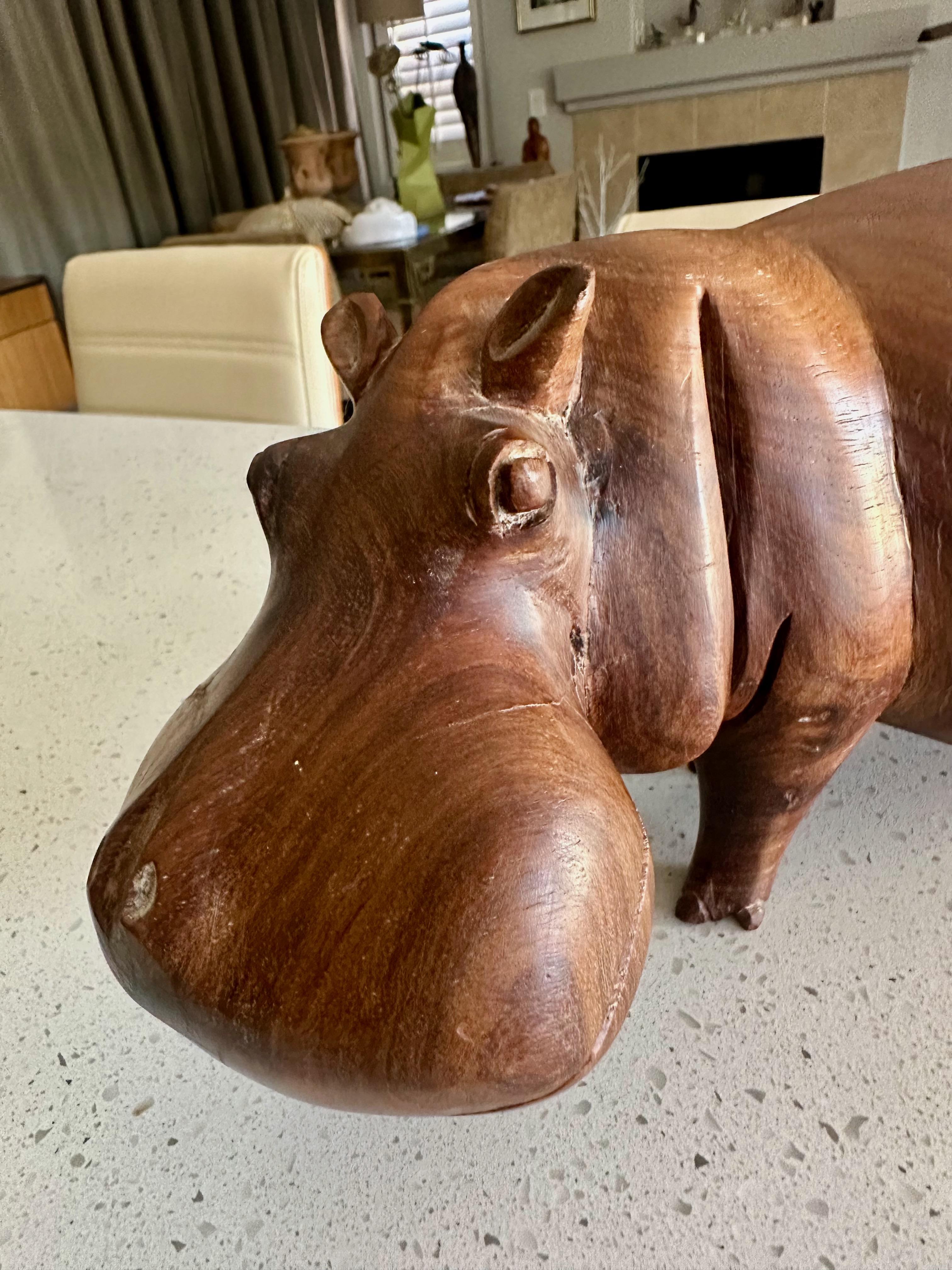 Wood Mid-century Solid Teak Hand Carved Hippopotamus Hippo Sculpture For Sale