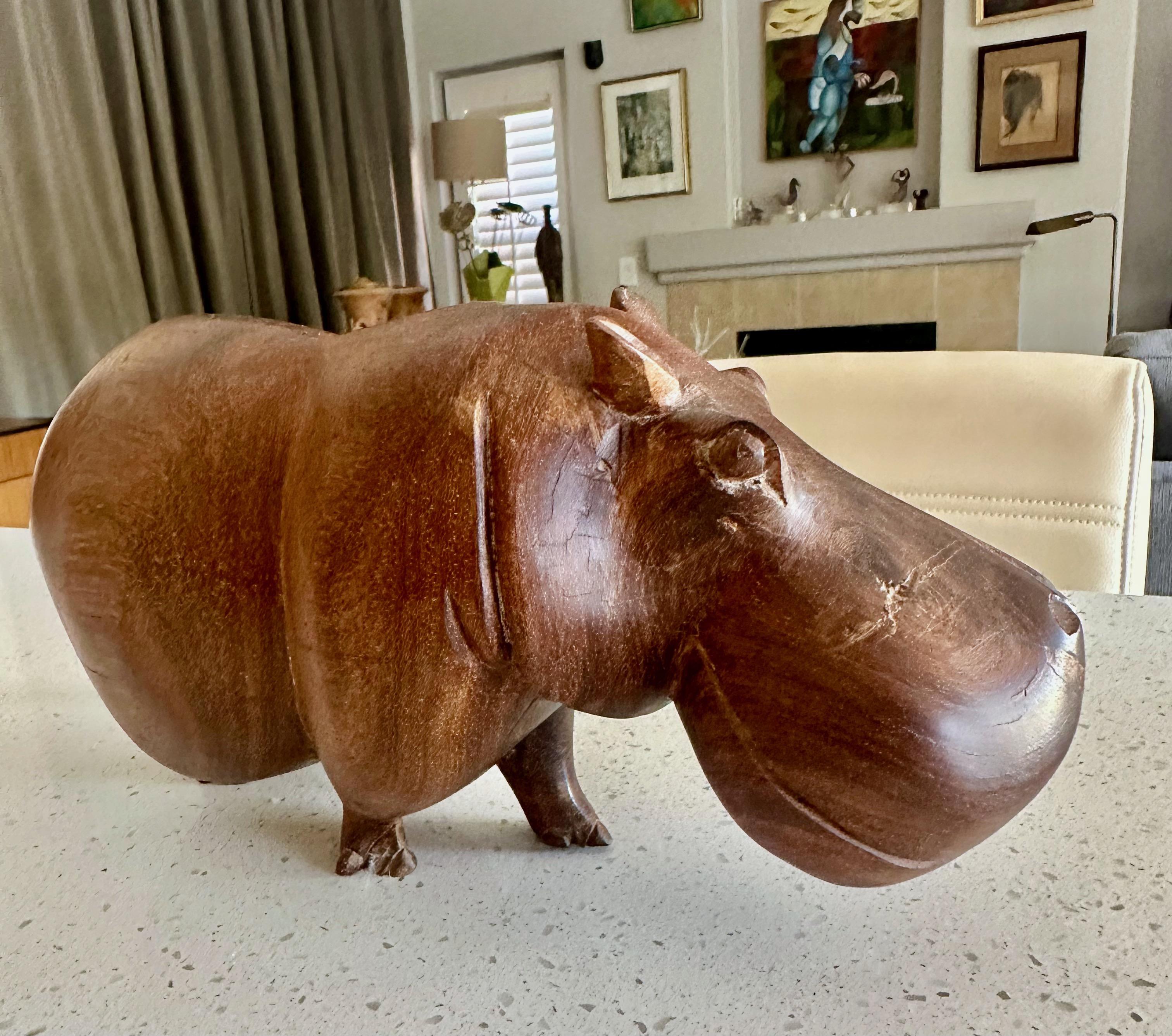 Mid-century Solid Teak Hand Carved Hippopotamus Hippo Sculpture For Sale 1