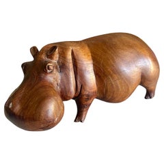Mid-century Solid Teak Hand Carved Hippopotamus Hippo Sculpture