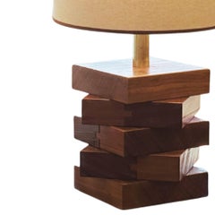 Mid Century Solid Walnut Abstract Pair of Lamps & Custom Shades, Italy 1960's