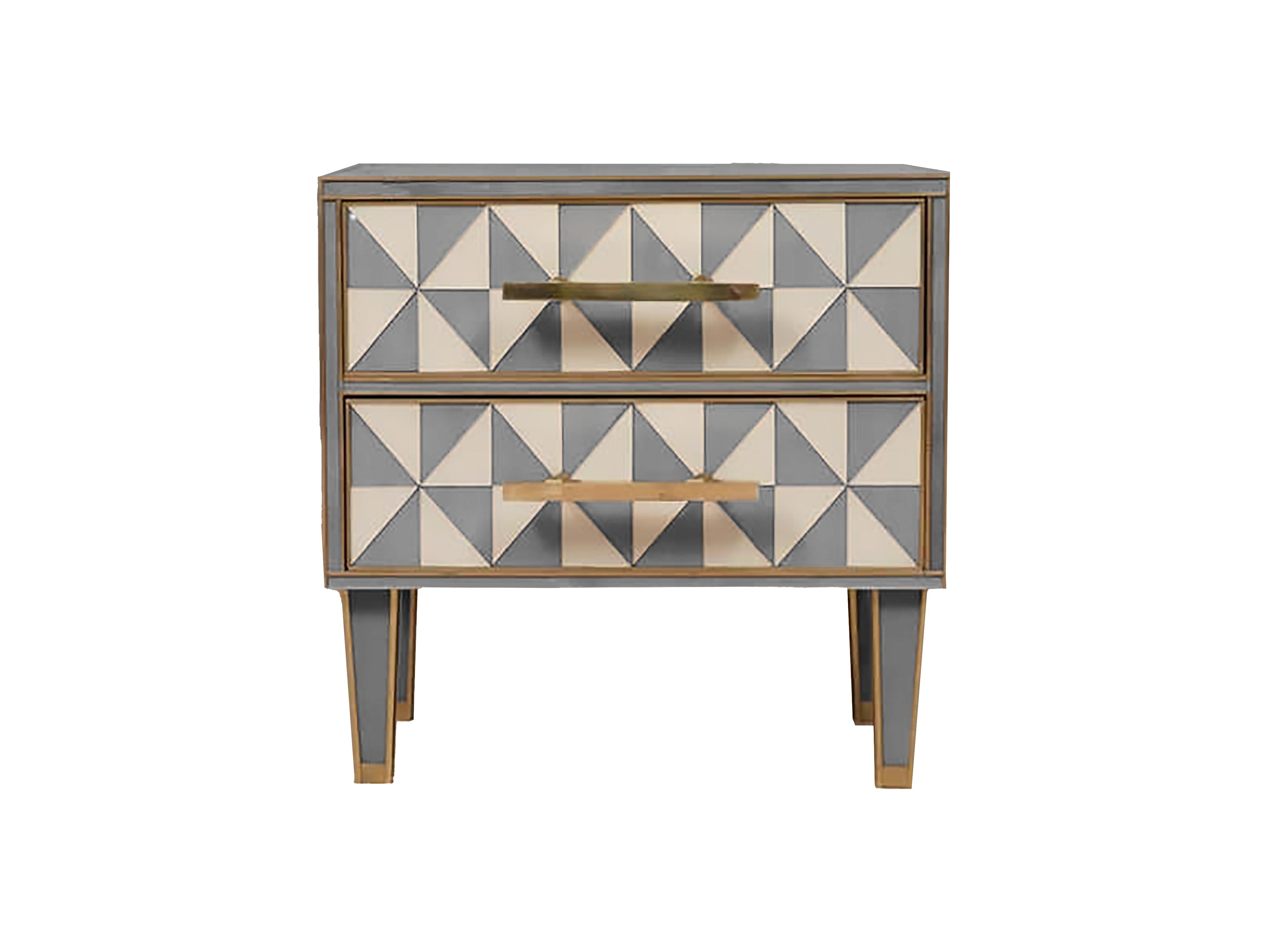 Italian pair of Solid Wood Bedside Tables with Grey Optical Murano Glass justfurnituress For Sale