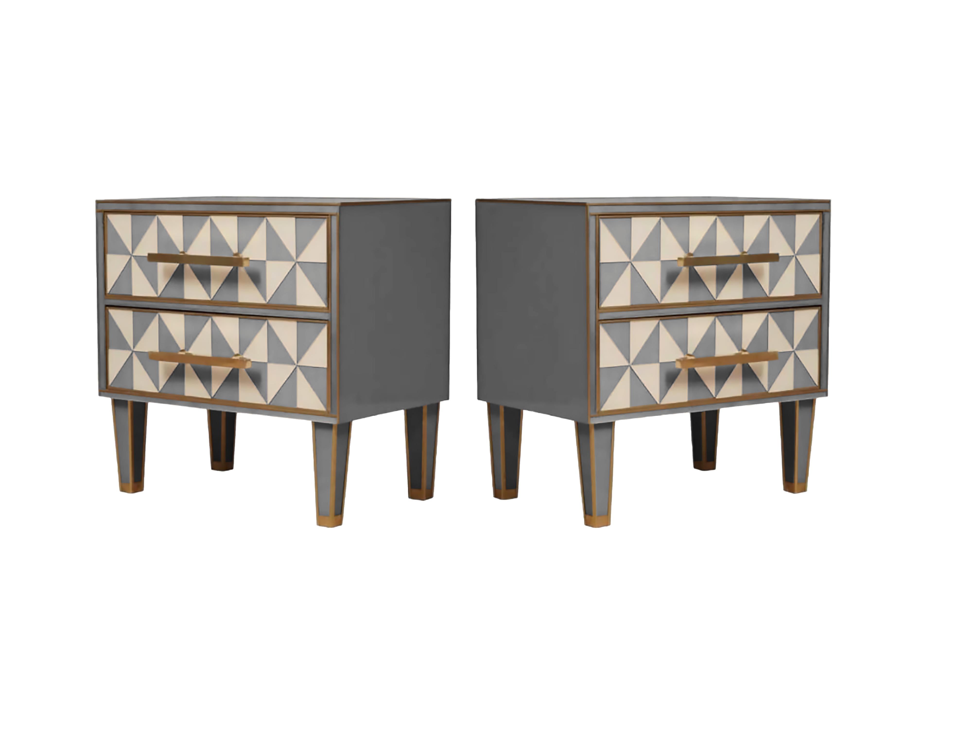 Pressed pair of Solid Wood Bedside Tables with Grey Optical Murano Glass justfurnituress For Sale