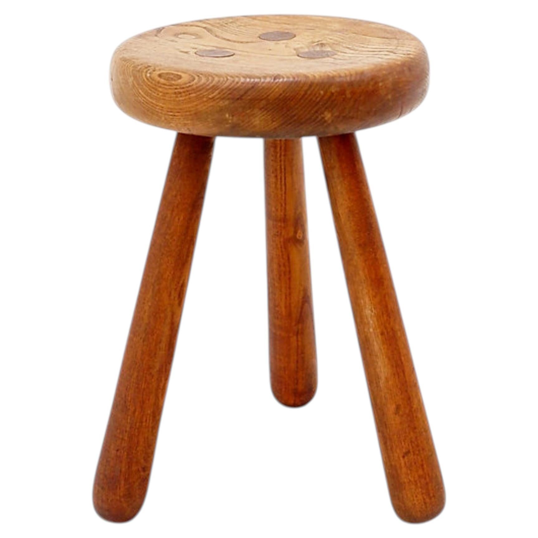 Mid-Century Solid Wood Brutalist Tripod Stool, circa 1960