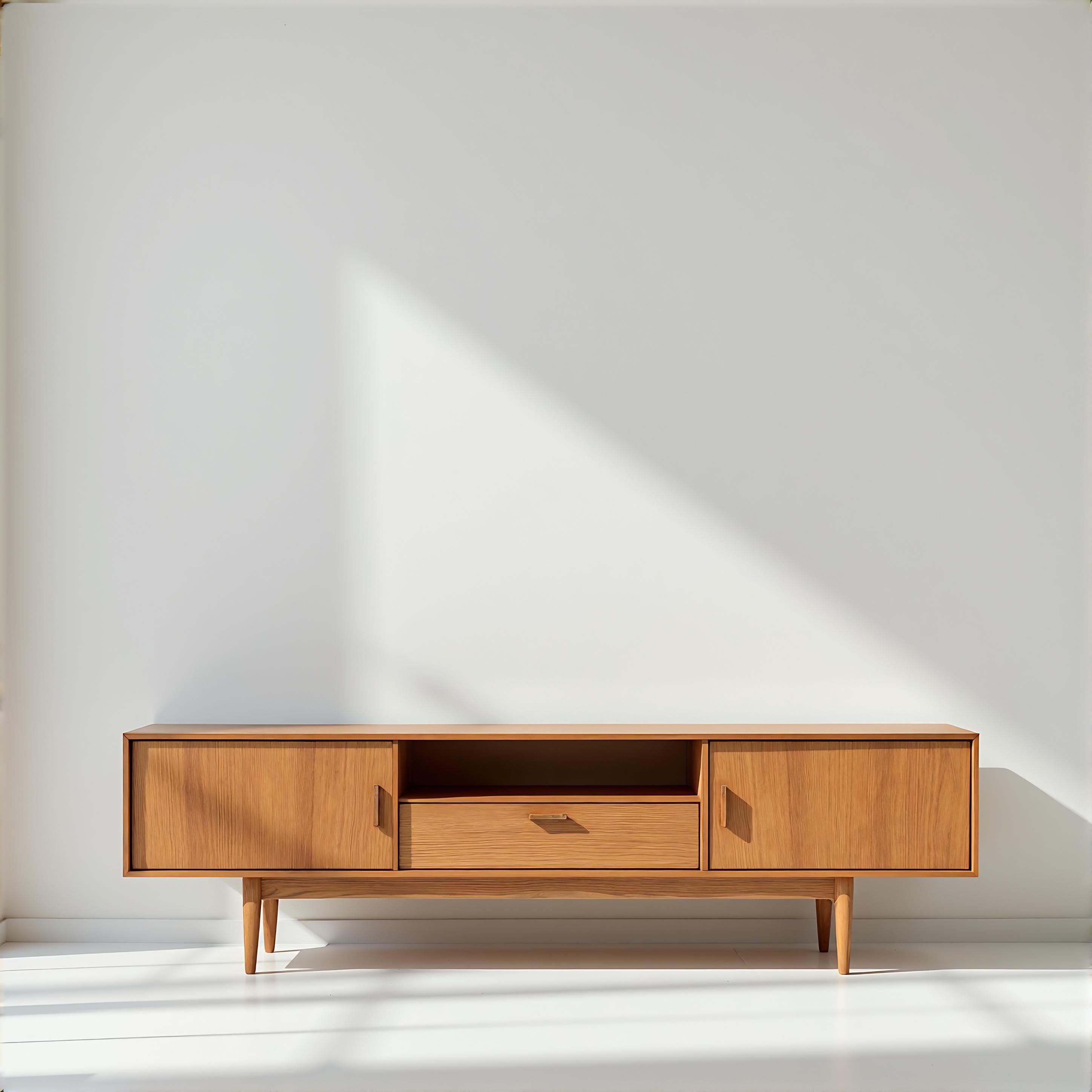 Diese moderne Kredenz aus Teakholz, die sowohl Eleganz als auch Funktionalität bietet, ist eine raffinierte Ergänzung für jeden Wohnbereich. Die schlichte Ästhetik der Mitte des Jahrhunderts verbindet natürliche Wärme mit modernem