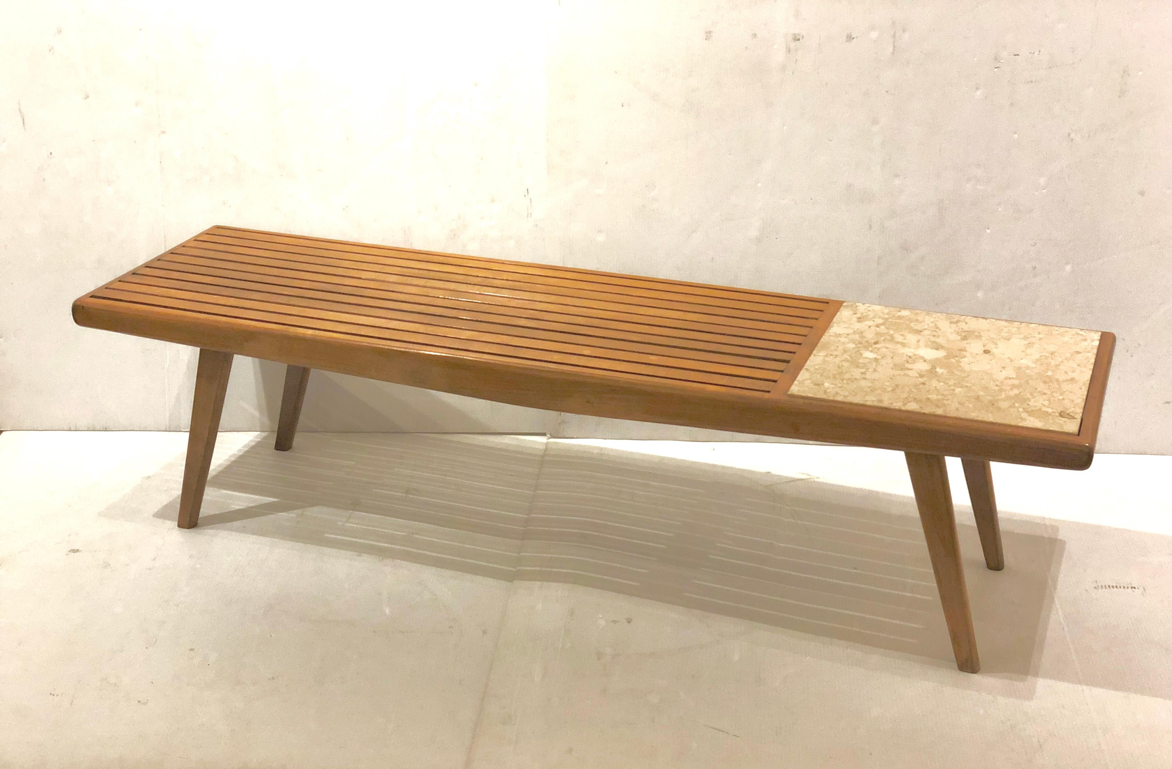 Mid-Century Modern Mid-Century Solid Wood & Marble Platform Slat Bench or Coffee Table