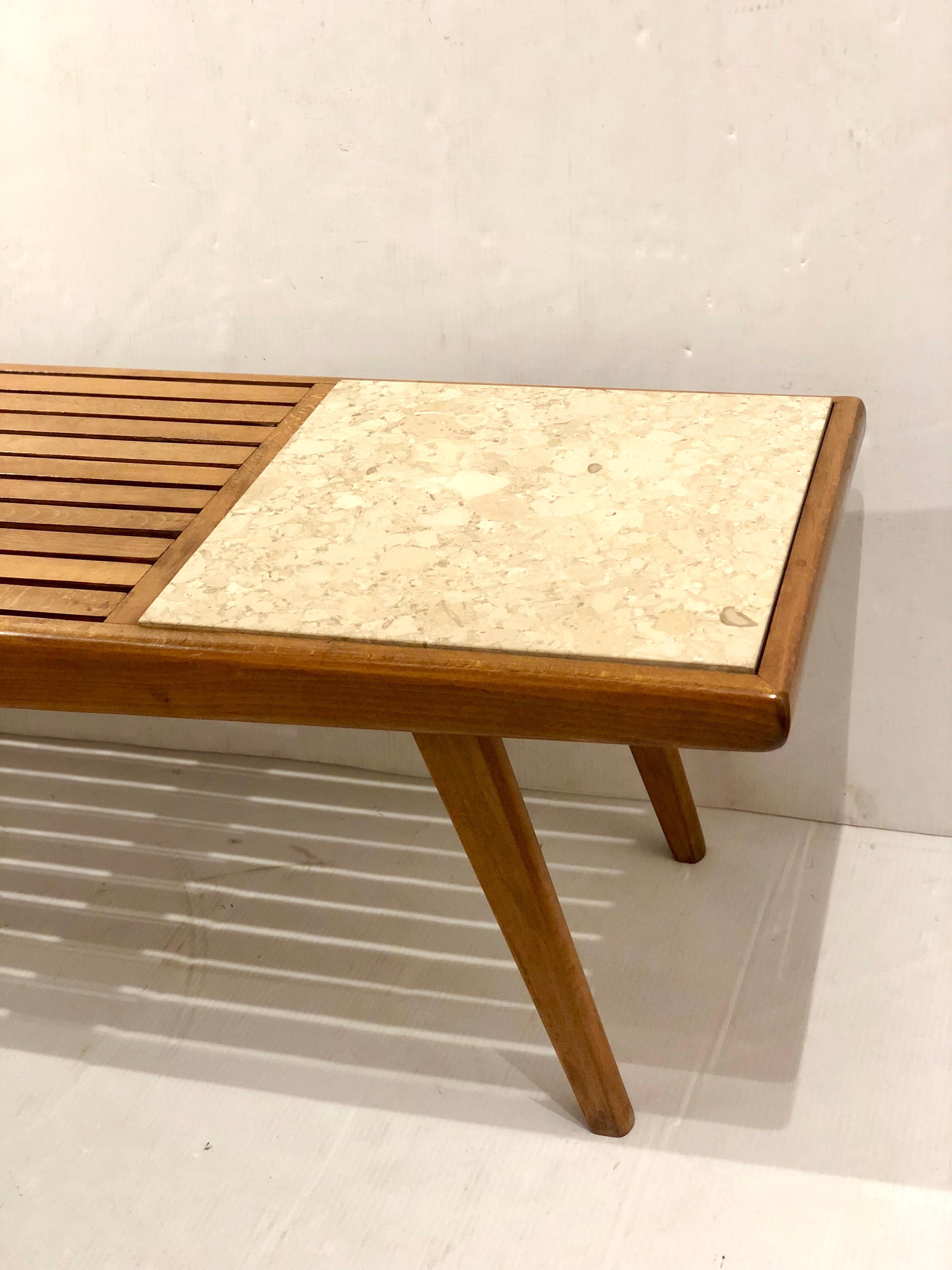 Mid-Century Solid Wood & Marble Platform Slat Bench or Coffee Table In Good Condition In San Diego, CA