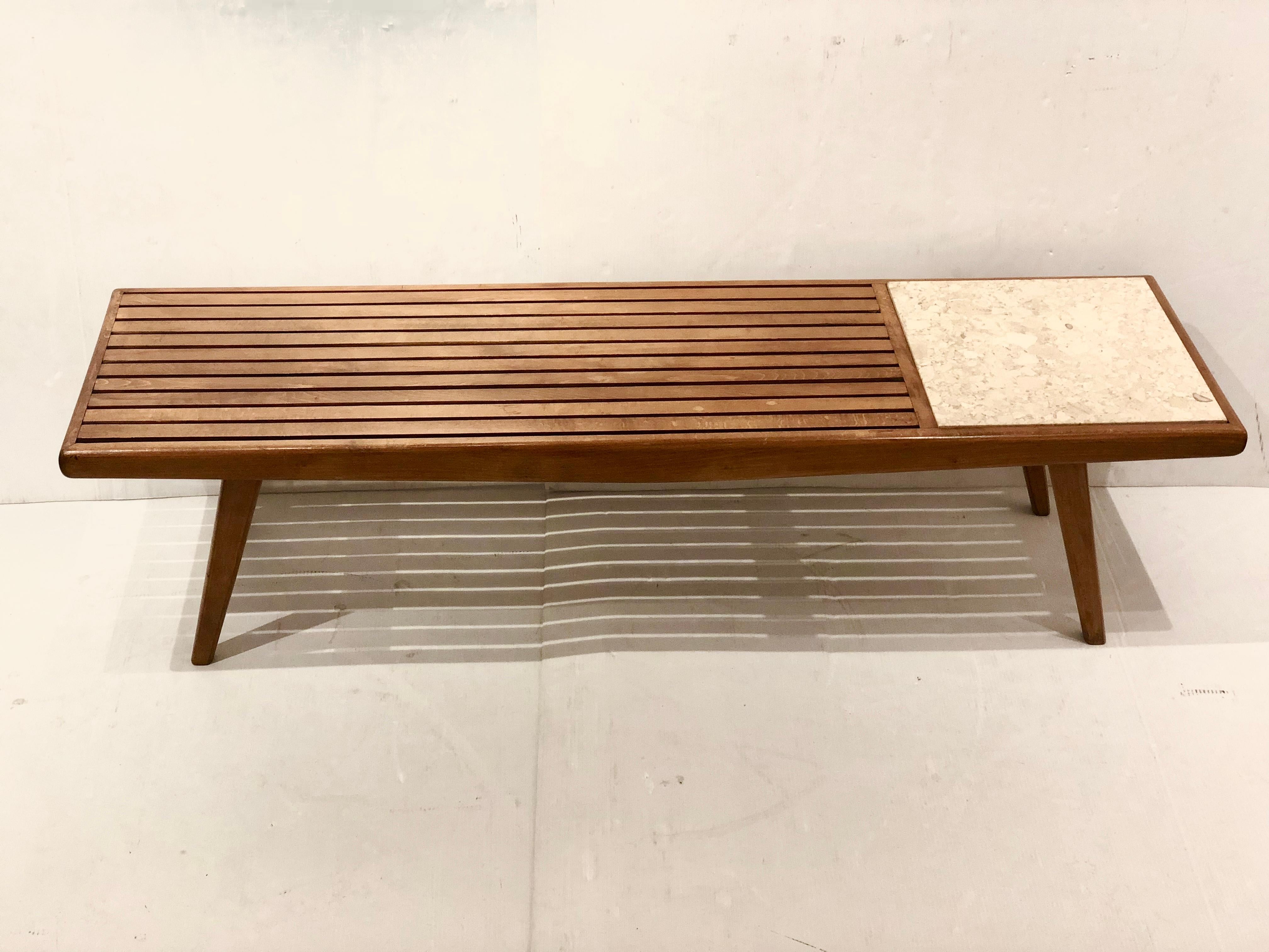 20th Century Mid-Century Solid Wood & Marble Platform Slat Bench or Coffee Table