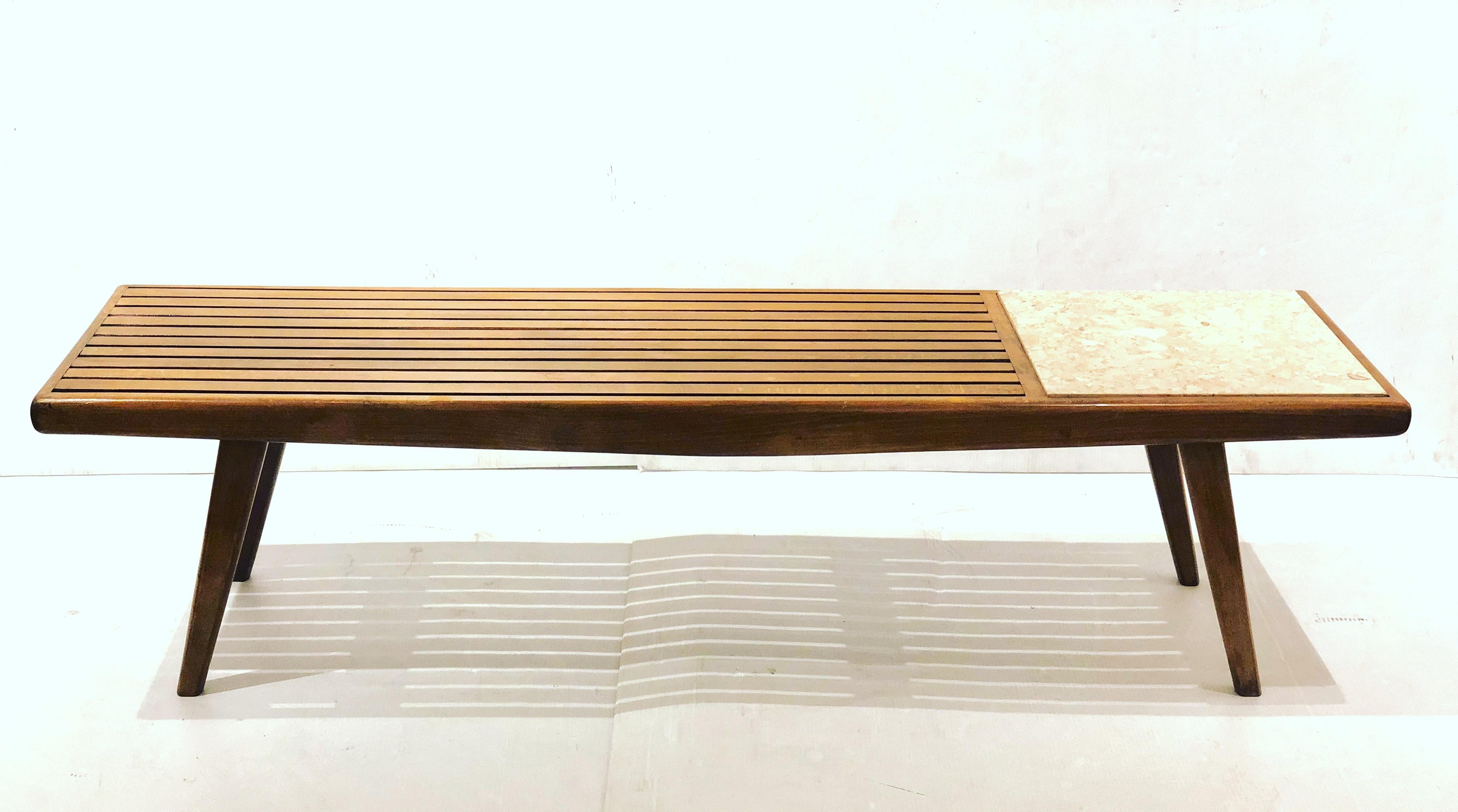 Mid-Century Solid Wood & Marble Platform Slat Bench or Coffee Table 2