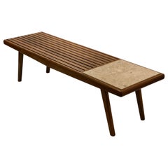 Mid-Century Solid Wood & Marble Platform Slat Bench or Coffee Table