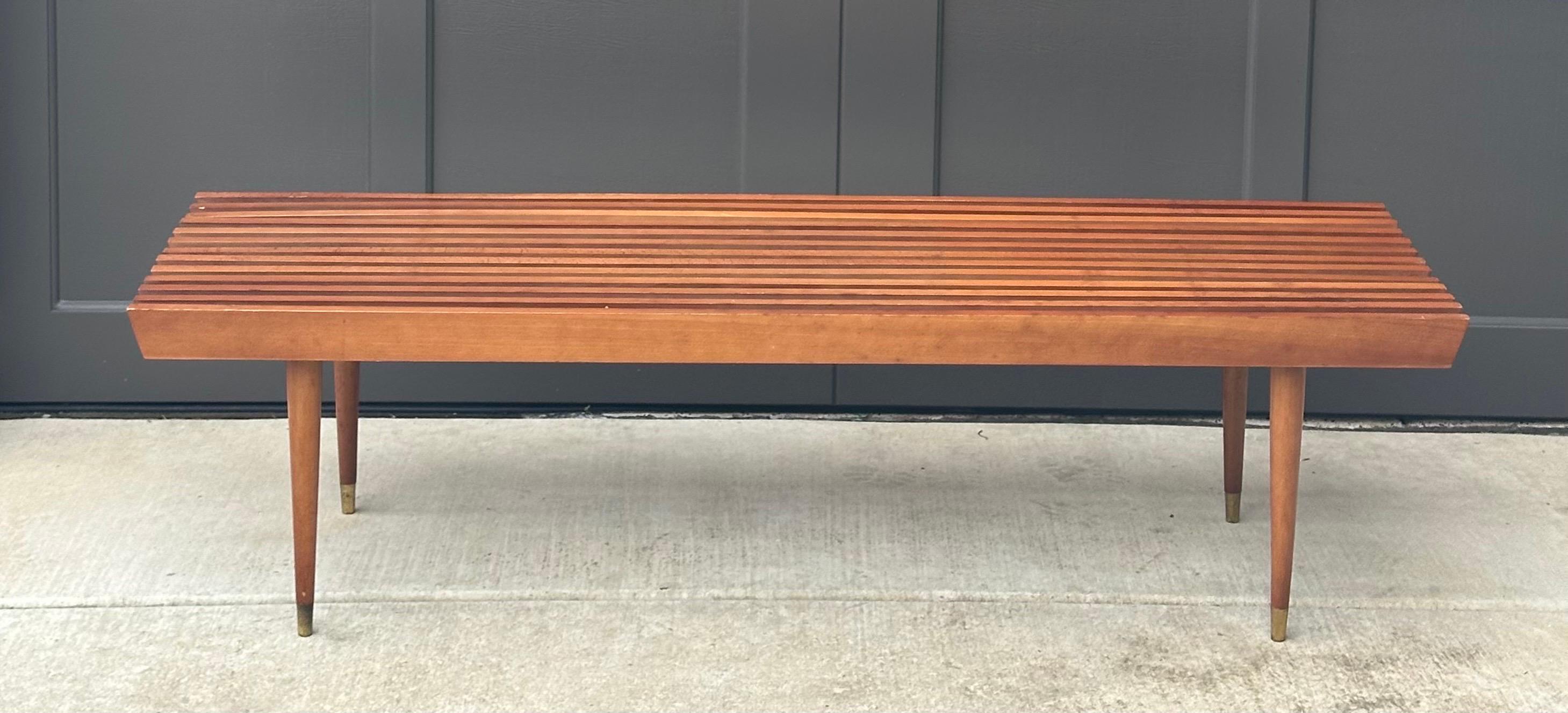 Brass Mid-Century Solid Wood Platform Slat Bench by Nasco Yugoslavia For Sale