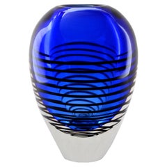 Mid-Century Sommerso Cobalt Blue with Black Spiral Vase