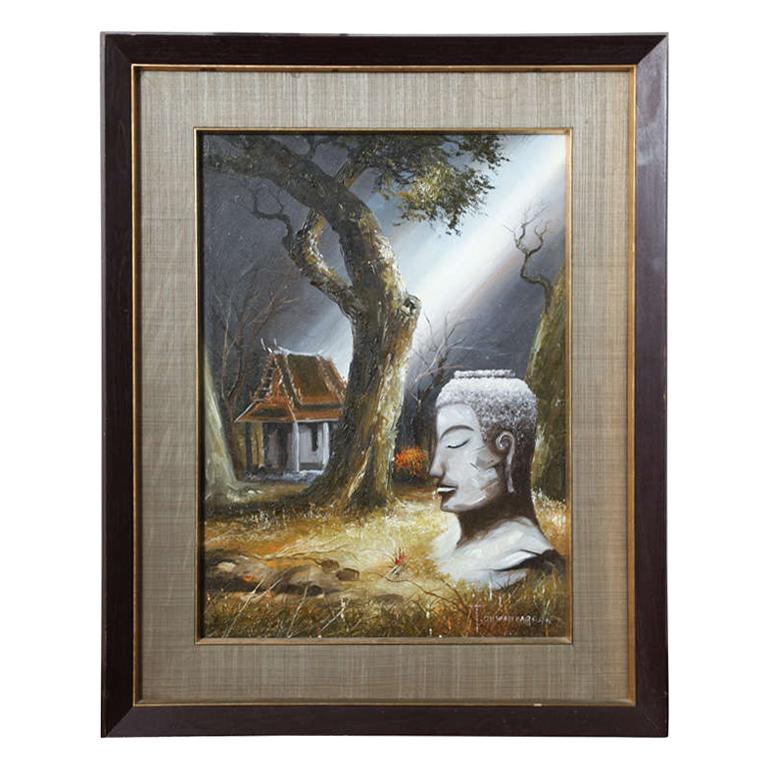 Mid Century Soothing Reflective Buddha Painting For Sale