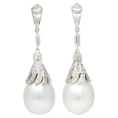 pa 18k mecan 750 al Vintage Mid-Century South Sea Pearl 1.75 Carats Diamond 18 Karat White Gold Earrings