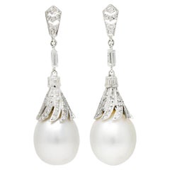 Mid-Century South Sea Pearl 1.75 Carats Diamond 18 Karat White Gold Earrings