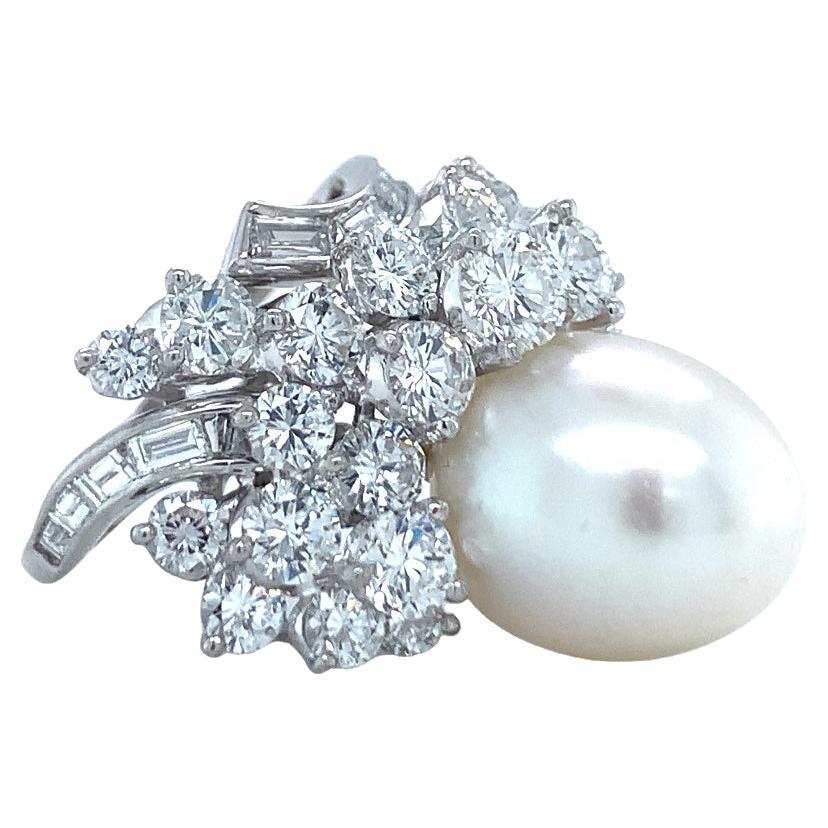 Mid-Century South Sea Pearl and Diamond Platinum Ring For Sale