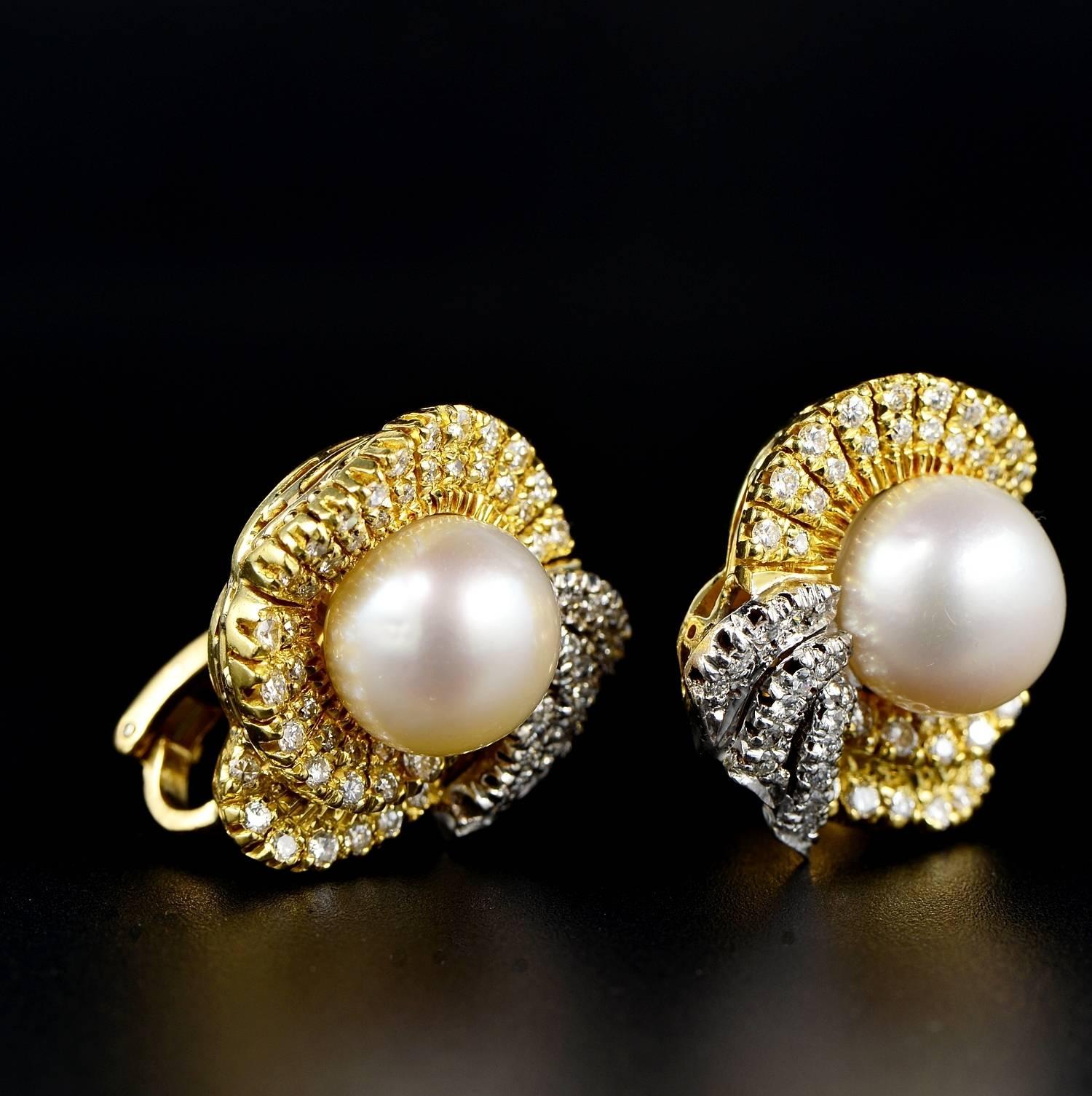 Contemporary Midcentury South Sea Pearl Diamond Bow Earrings For Sale