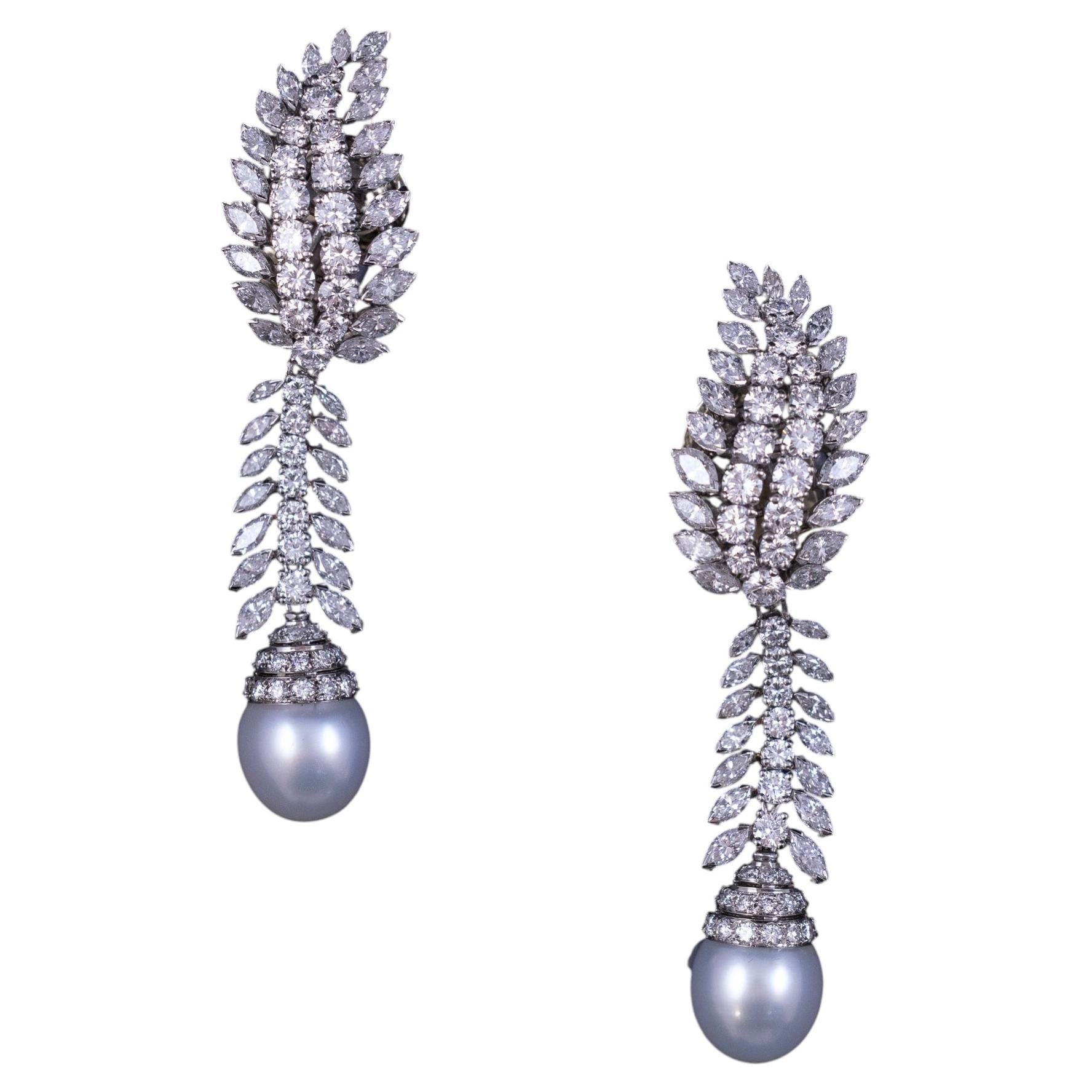 Mid-Century South Sea Pearl Diamond Convertible Day Night Drop Earrings 1960s