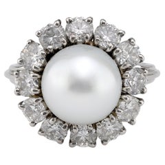 Mid-Century Südseeperlen Diamant Platin Cocktail Ring