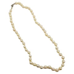Mid-century South Sea Roud Pearl Choker Necklace on Silk Cord w/ Silver Clasp