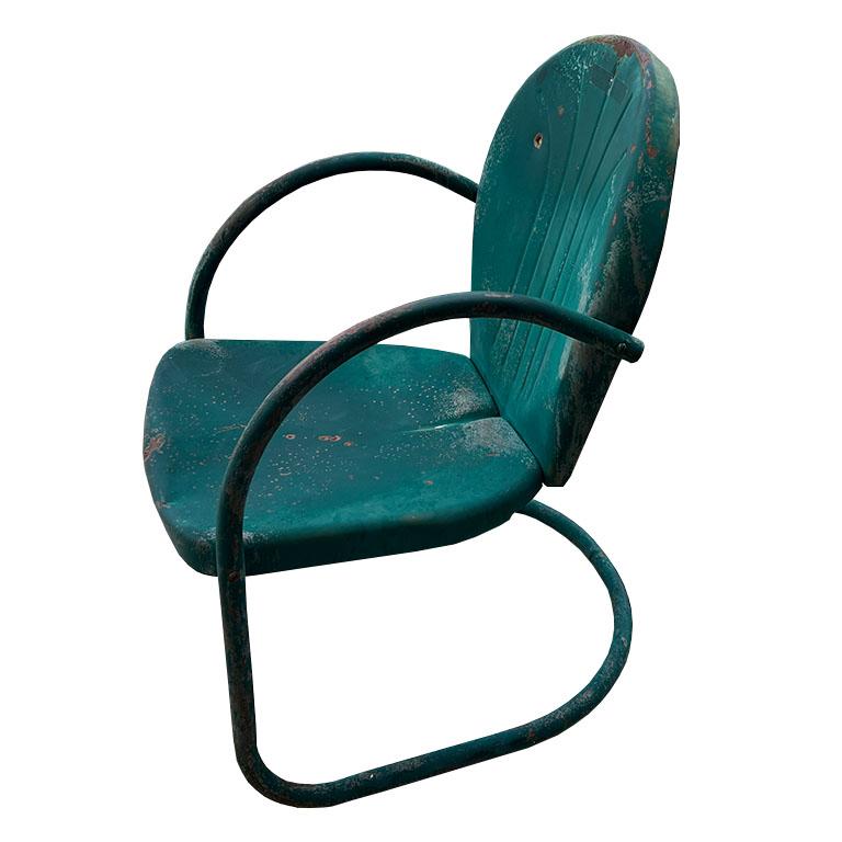 Rustic Mid Century South West Green Metal Patio or Garden Arm Chairs - A Pair For Sale