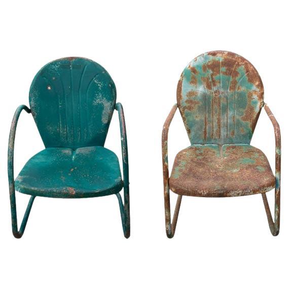 Mid Century South West Green Metal Patio or Garden Arm Chairs - A Pair For Sale