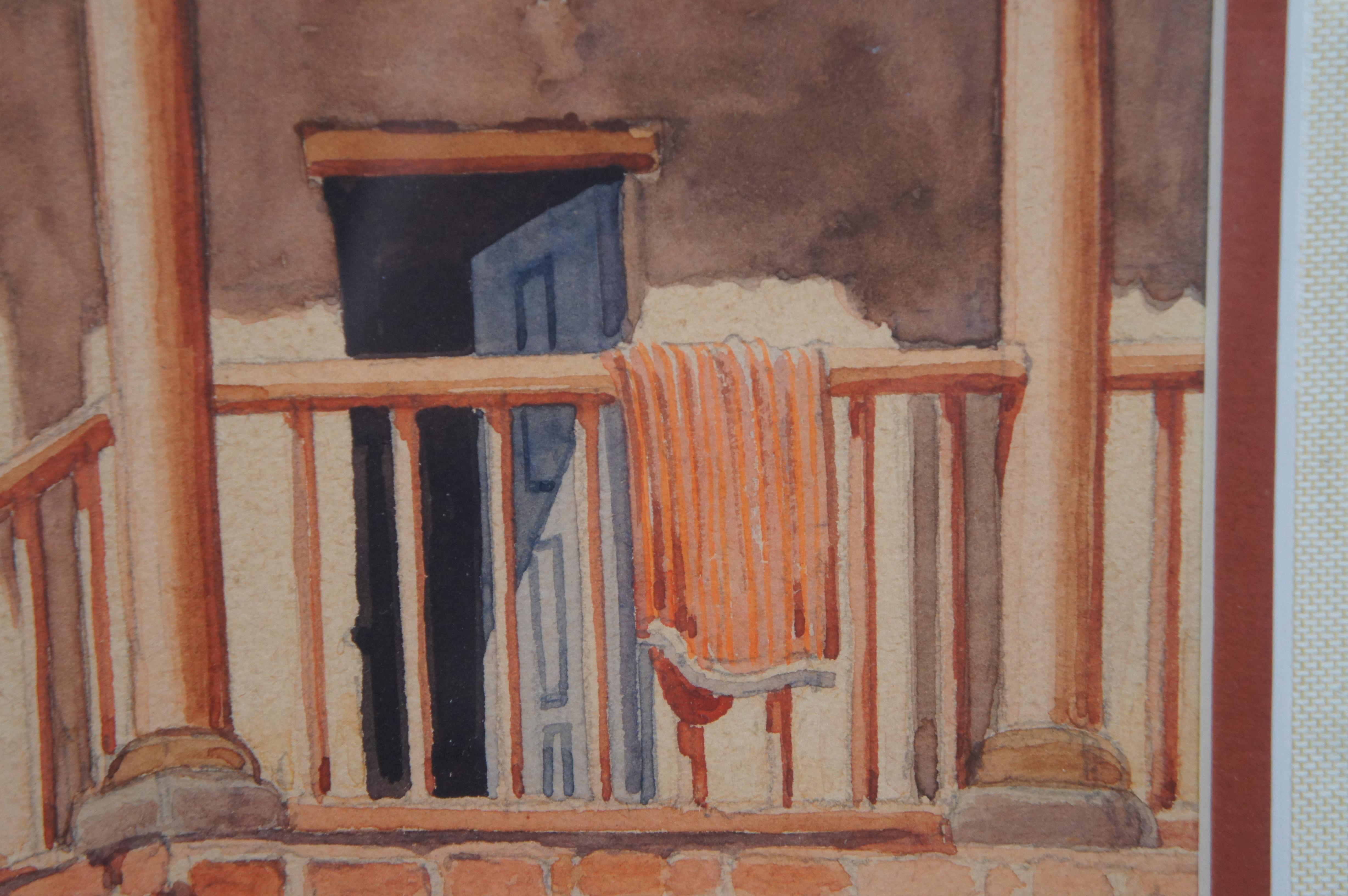 Mid Century Southwestern Impressionist Watercolor Panting Stucco Cottage Encadré en vente 4