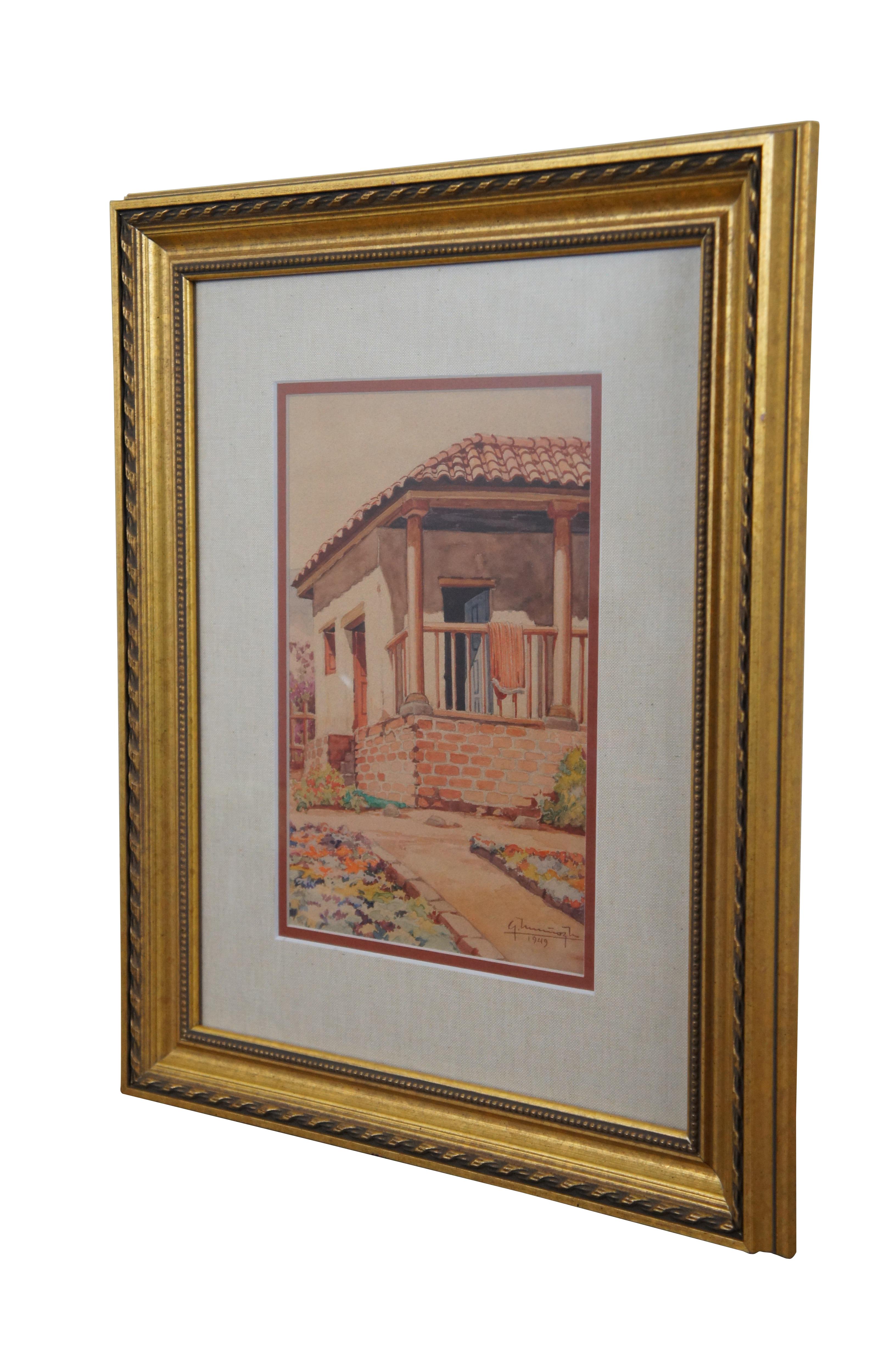 Aquarelle sur papier du milieu du 20e siècle représentant un cottage en stuc blanc du sud-ouest avec un toit en tuiles et un porche en briques avec des colonnes. Signé et daté 1949 dans le coin inférieur droit. Encadré à l'origine le 23 septembre