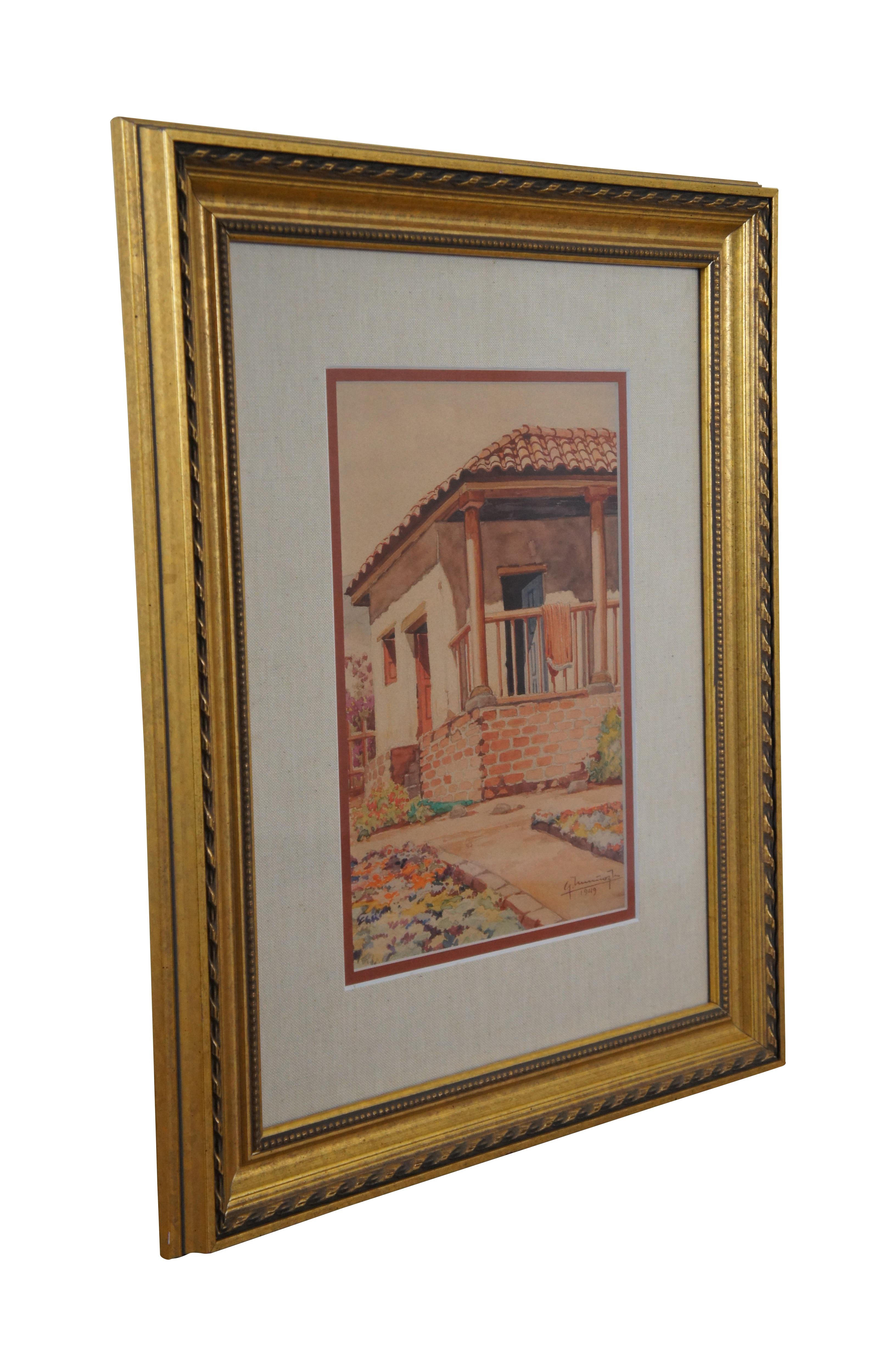 Mid-Century Modern Mid Century Southwestern Impressionist Watercolor Panting Stucco Cottage Encadré en vente