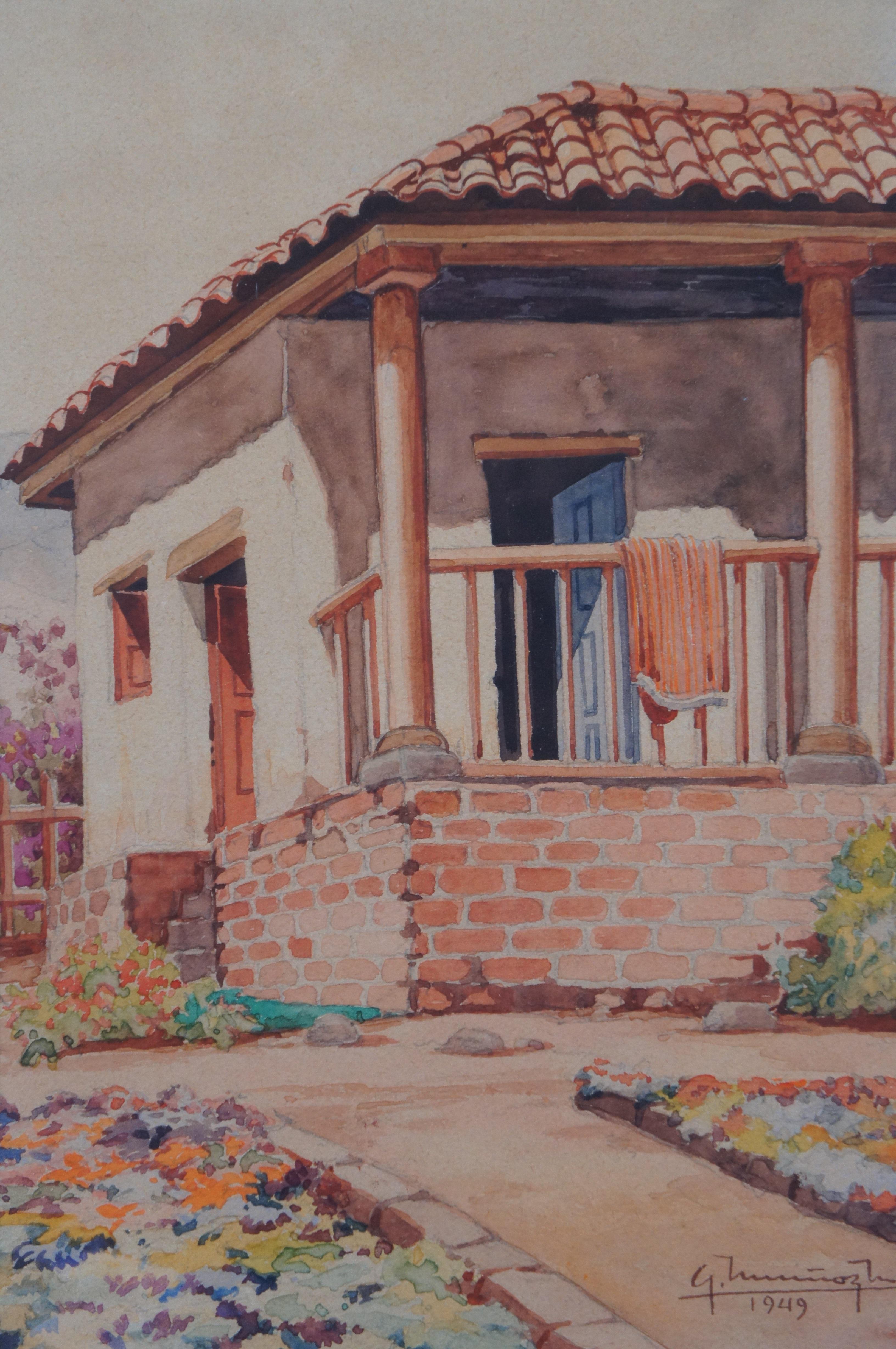 Mid Century Southwestern Impressionist Watercolor Panting Stucco Cottage Encadré en vente 1