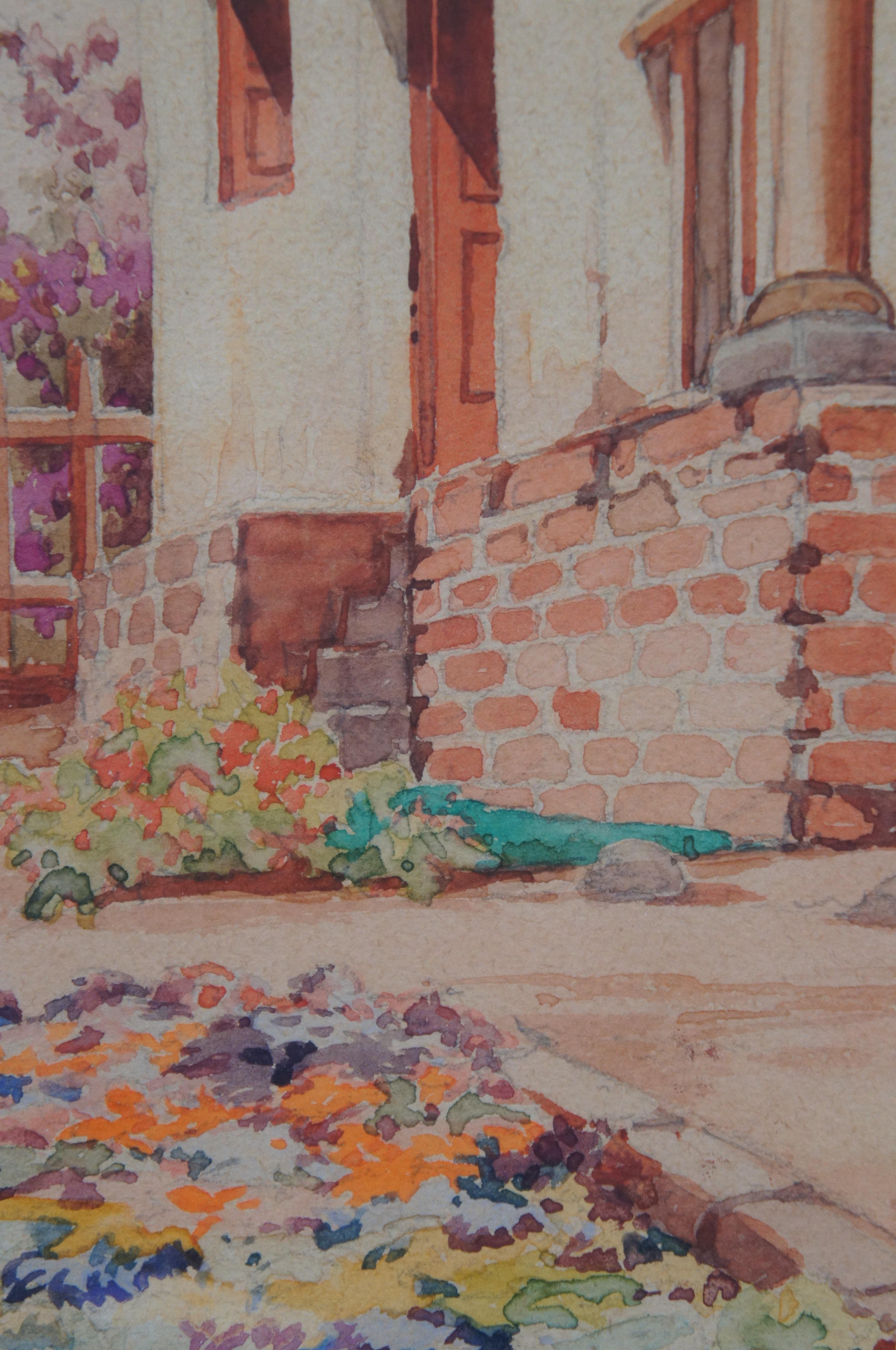 Mid Century Southwestern Impressionist Watercolor Panting Stucco Cottage Encadré en vente 3