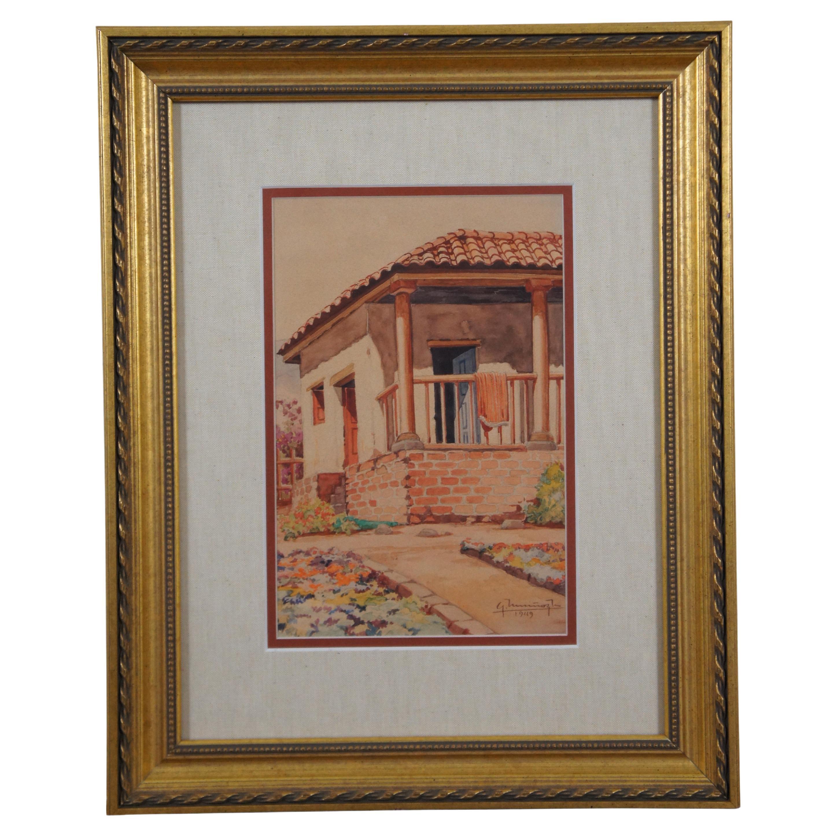 Mid Century Southwestern Impressionist Watercolor Panting Stucco Cottage Encadré en vente