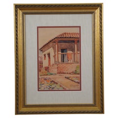 Vintage Mid Century Southwestern Impressionist Watercolor Panting Stucco Cottage Framed