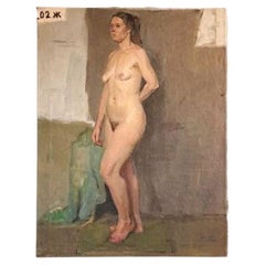 Large Mid Century Soviet Nude Portrait, Vintage Original Oil on Canvas Painting